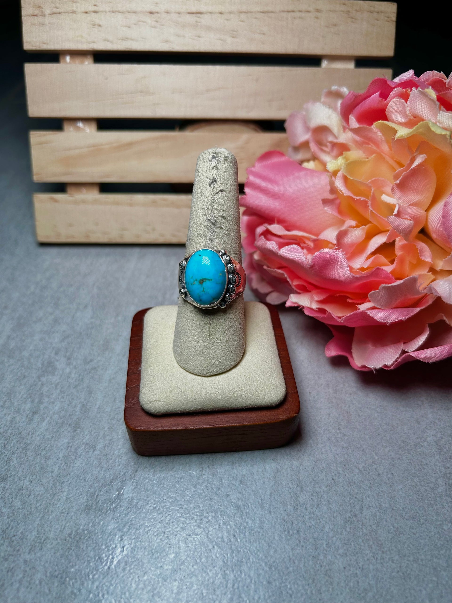 Navajo Made Kingman Turquoise & Sterling Silver Ring Size 8.75