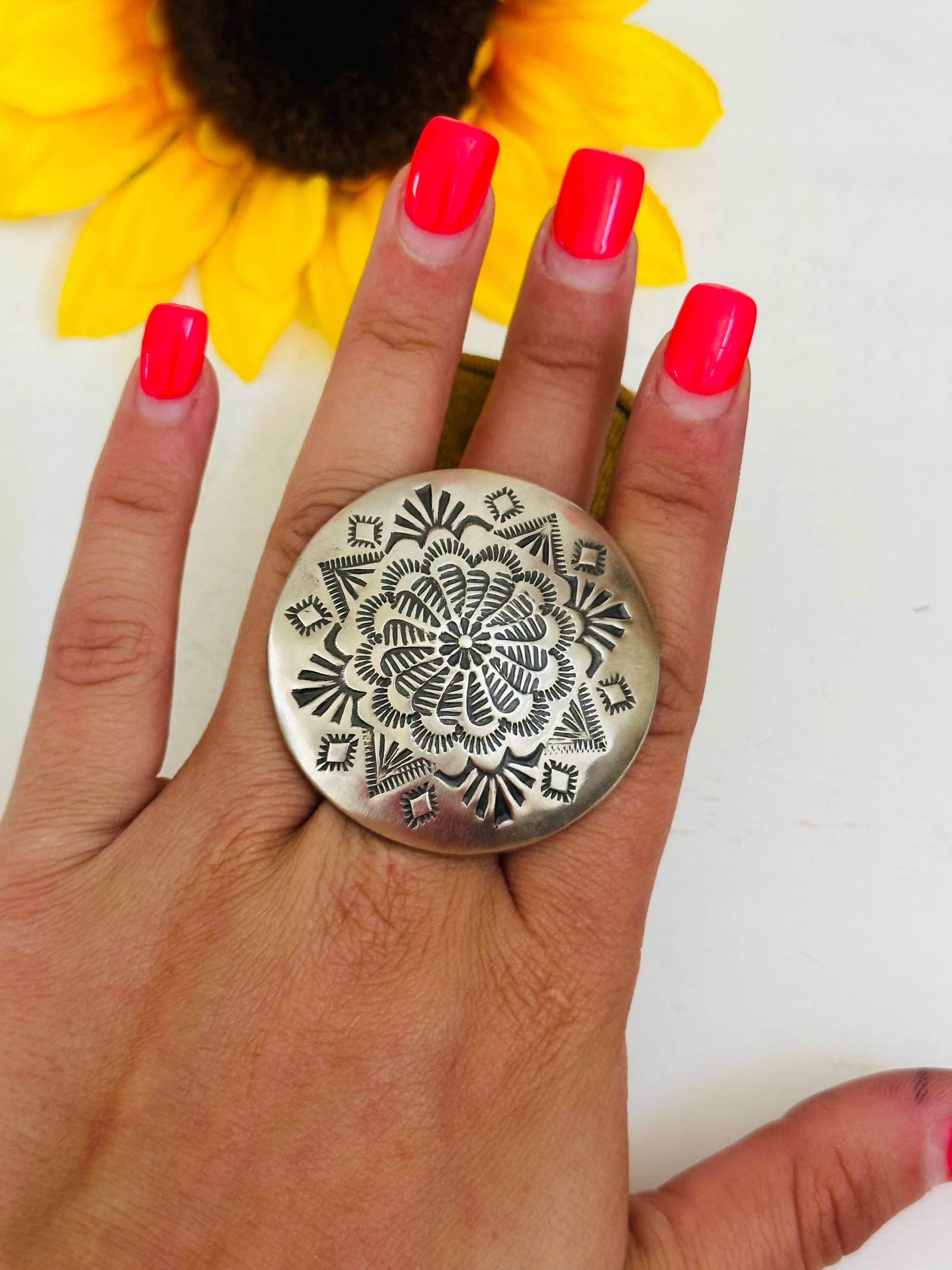 Leander Tahe Sterling Silver Concho Adjustable Ring