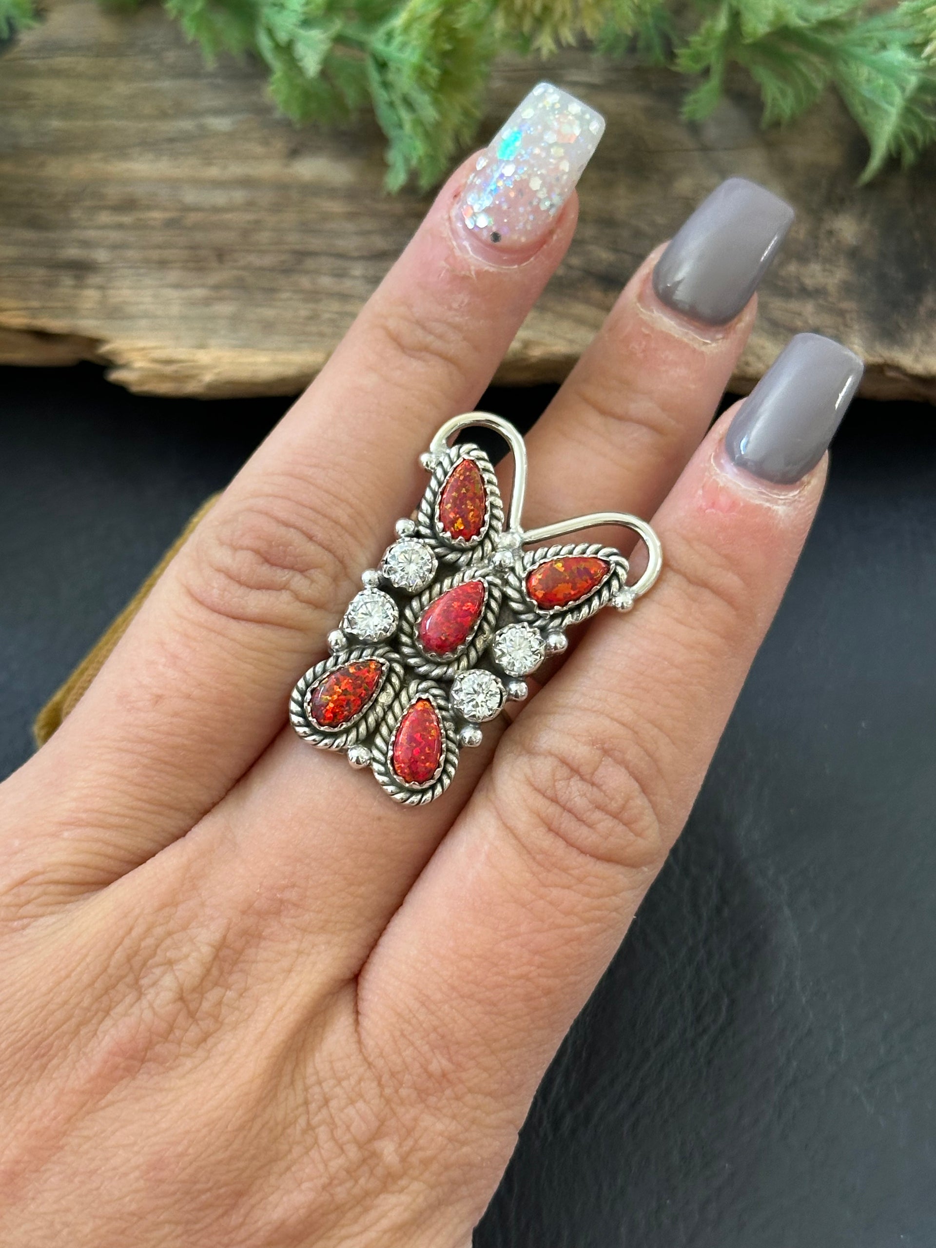 TTD “K’aalógii” Multi Stone & Sterling Silver Adjustable Cluster Ring