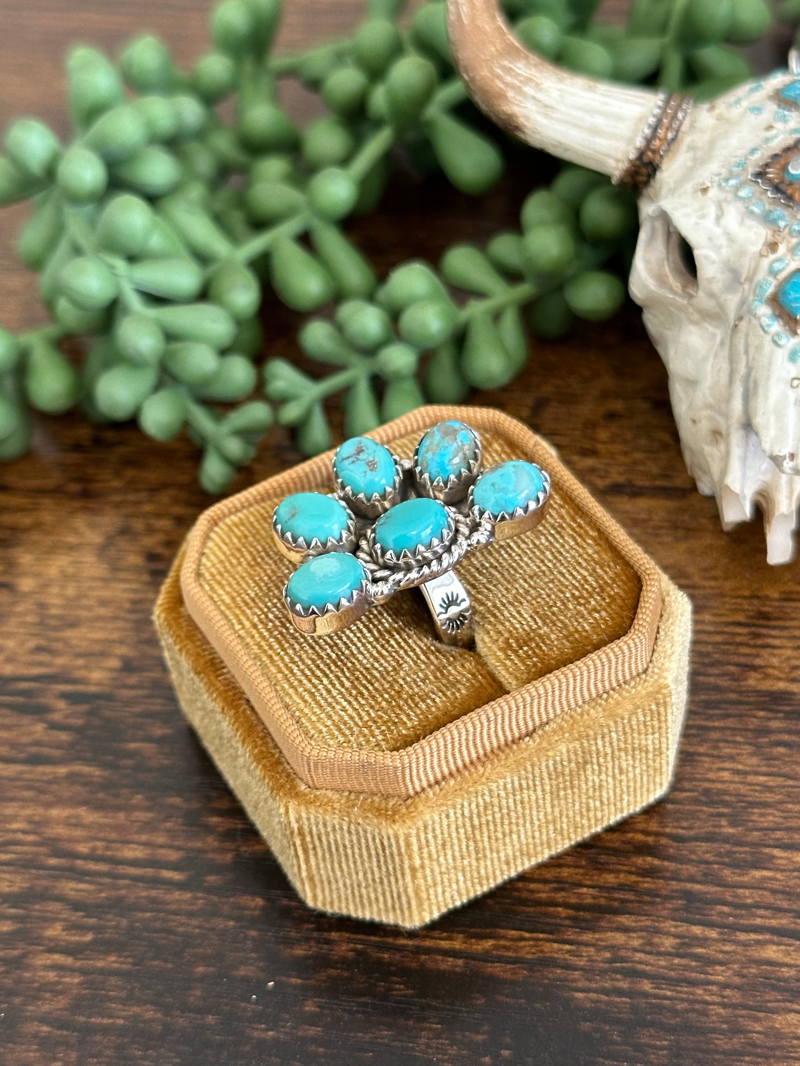 Southwest Handmade Kingman Turquoise & Sterling Silver Adjustable Cluster Ring