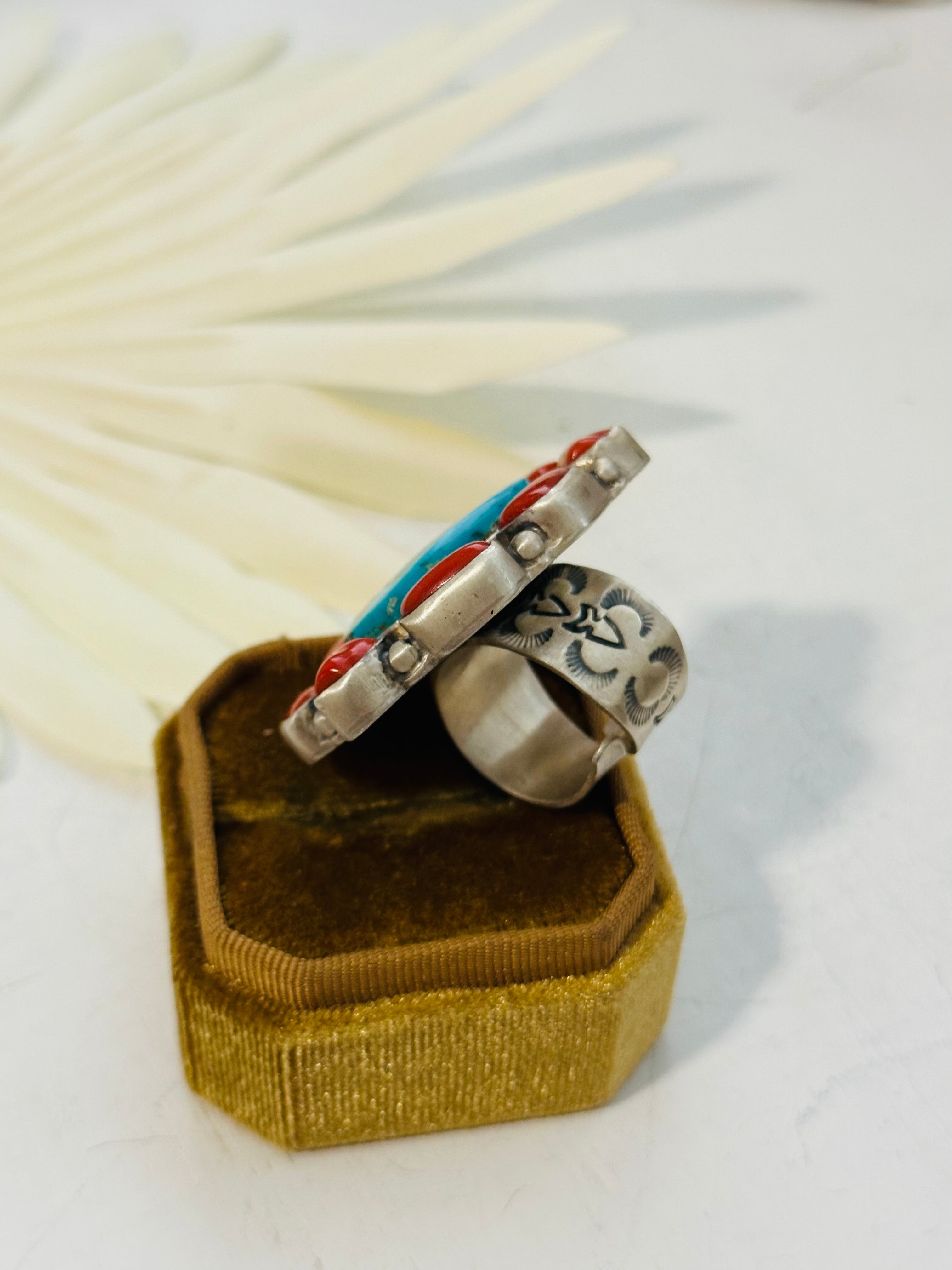 Navajo Made Multi Stone & Sterling Silver Cluster Ring Adjustable