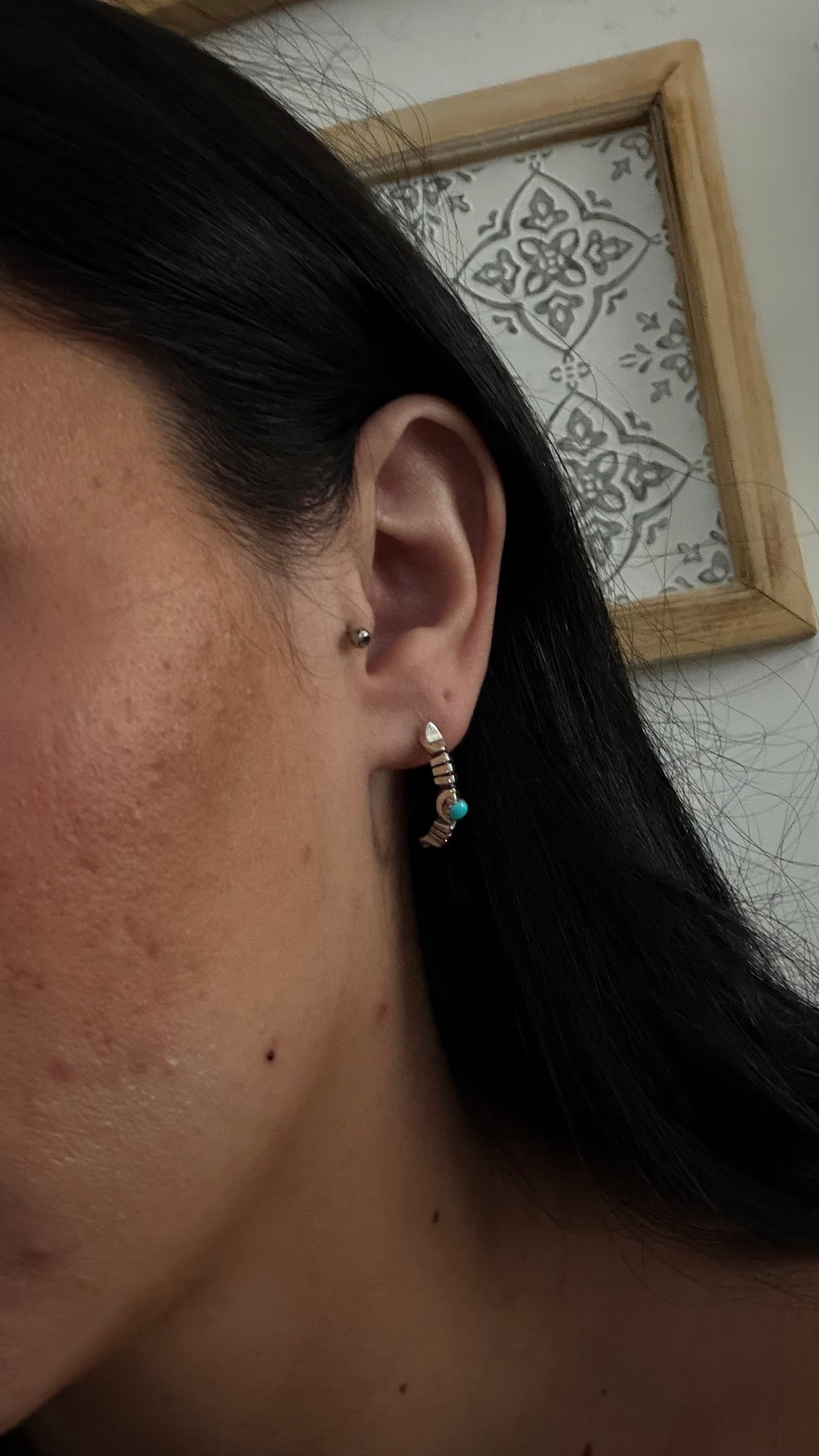 Navajo Made Kingman Turquoise & Sterling Silver Post Dangle Hoop Earrings