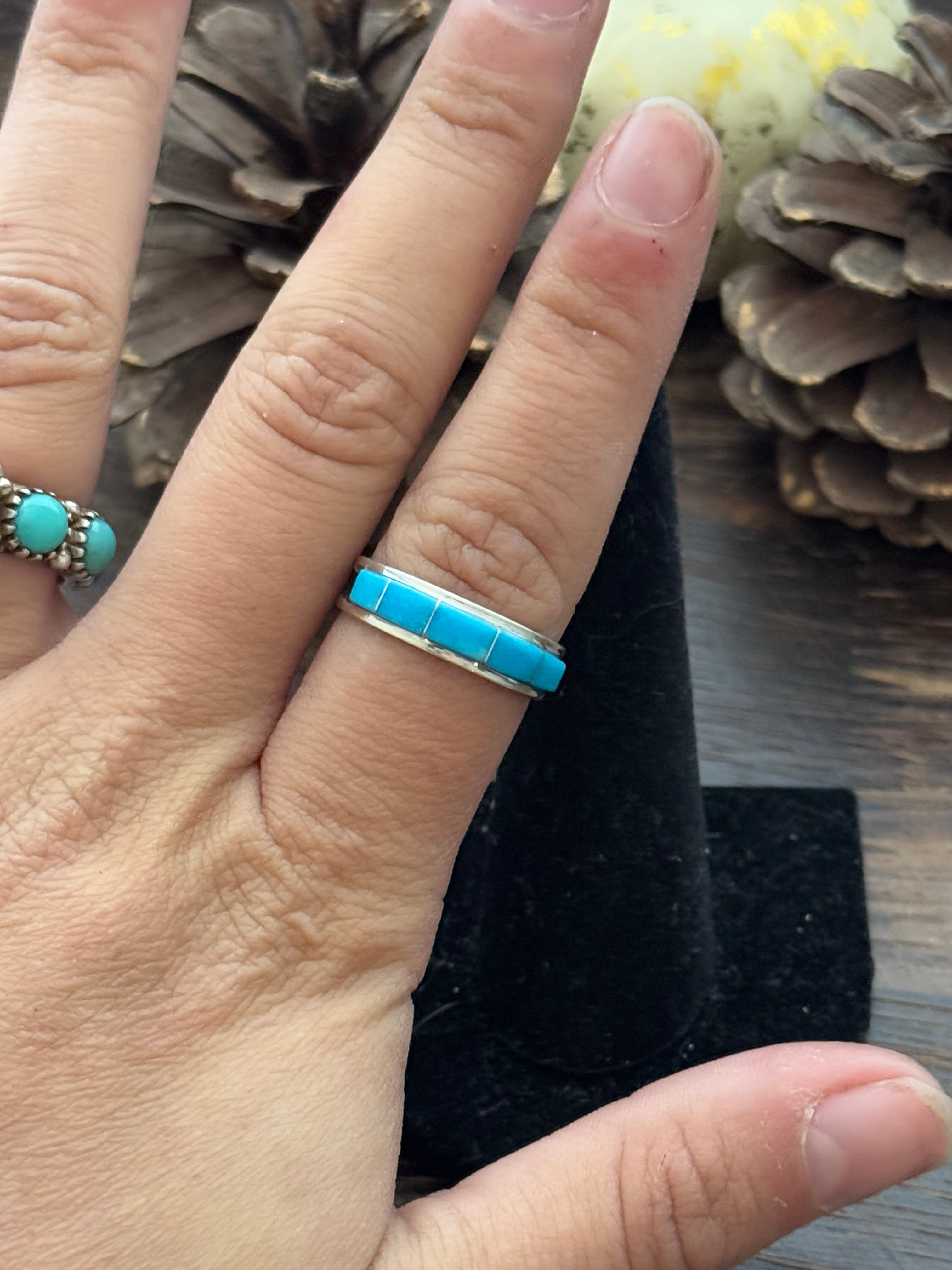 Navajo Made Kingman Turquoise & Sterling Silver Inlay Ring