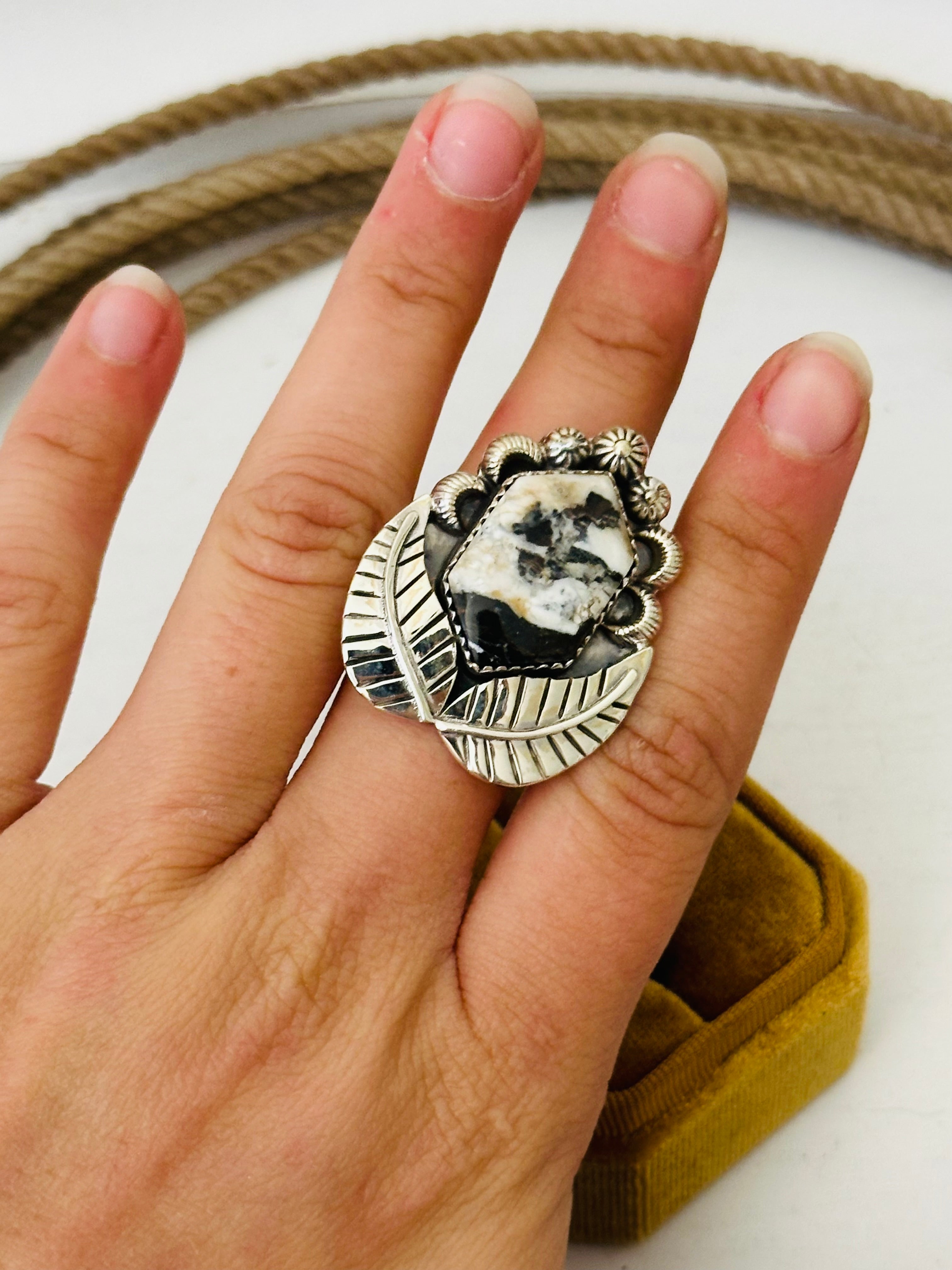 Southwest Handmade White Buffalo & Sterling Silver Adjustable Ring