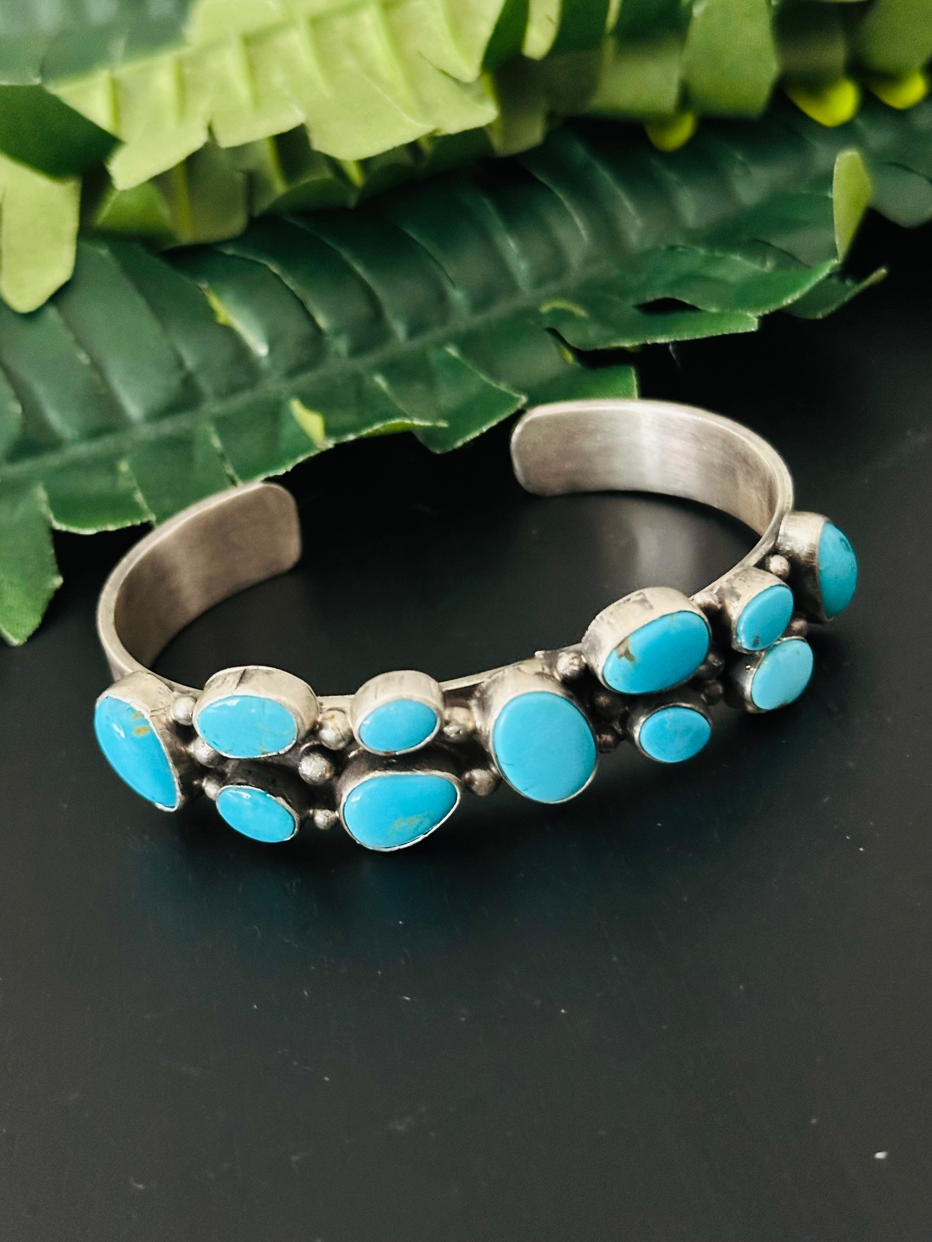 Bobby Johnson Kingman Turquoise & Sterling Silver Cluster Cuff Bracelet