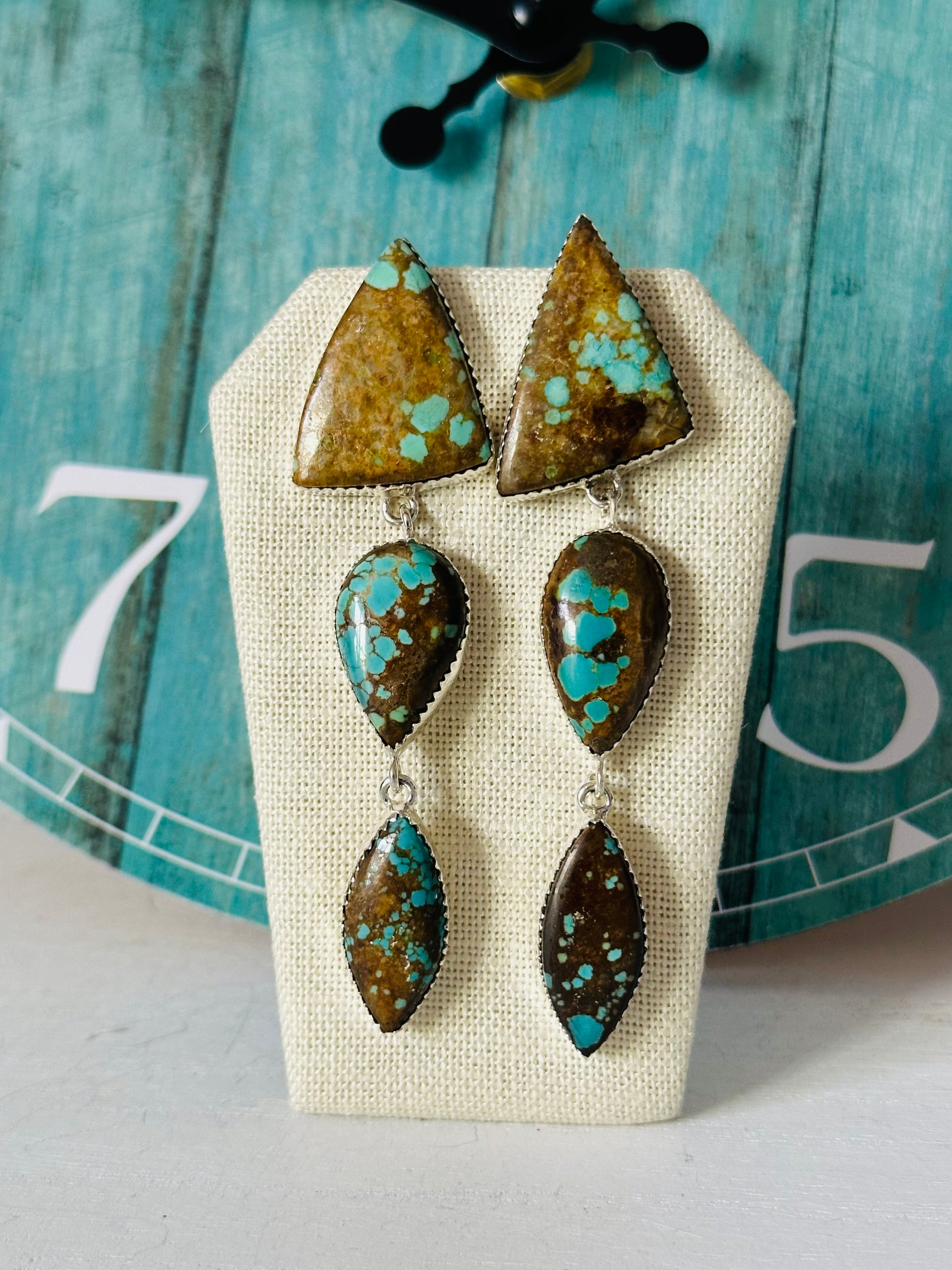 Southwest Made Number 8 Turquoise & Sterling Silver Post Dangle Earrings