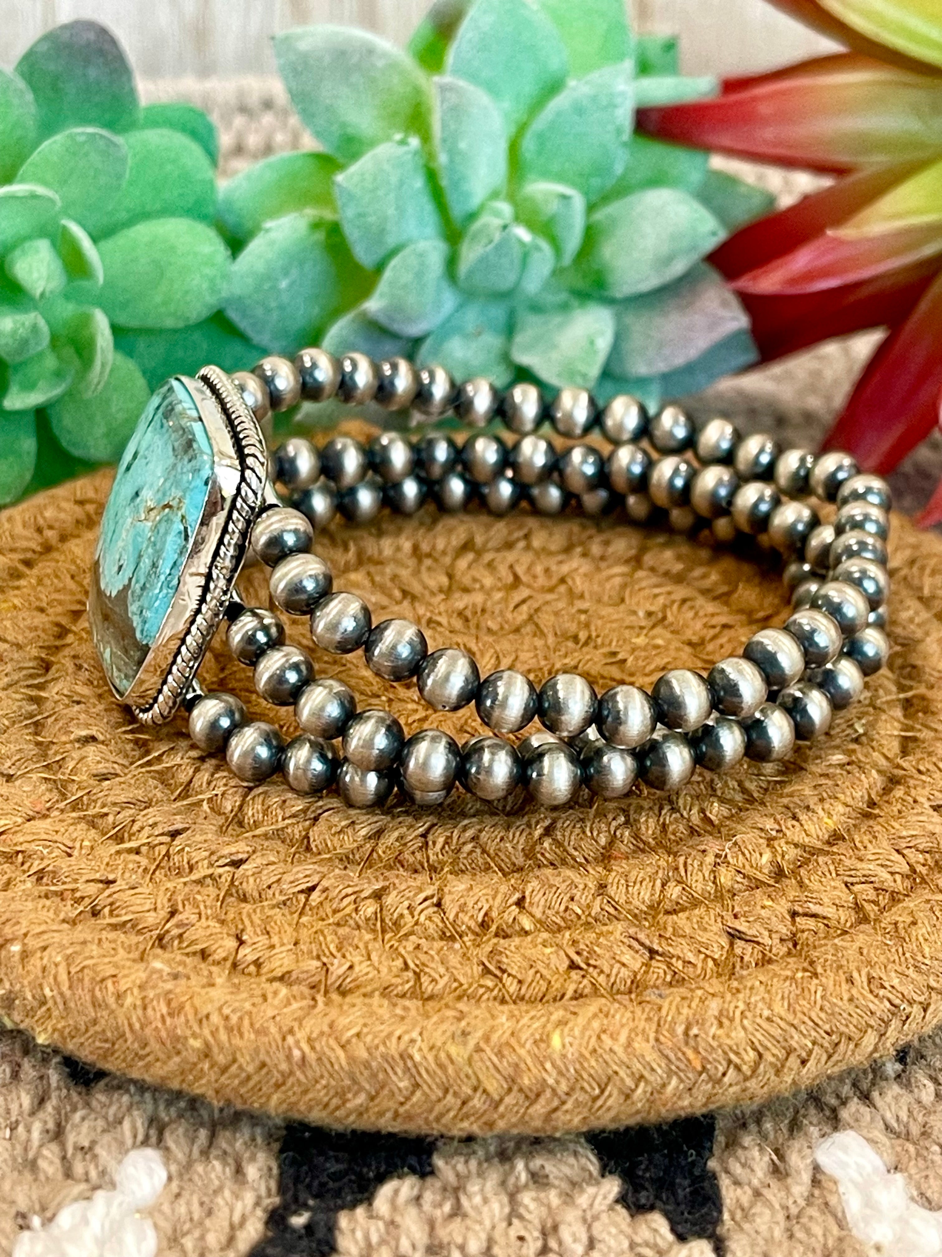 Southwest Handmade Number 8 Turquoise & Sterling Silver 3 Strand Beaded Stretch Bracelet