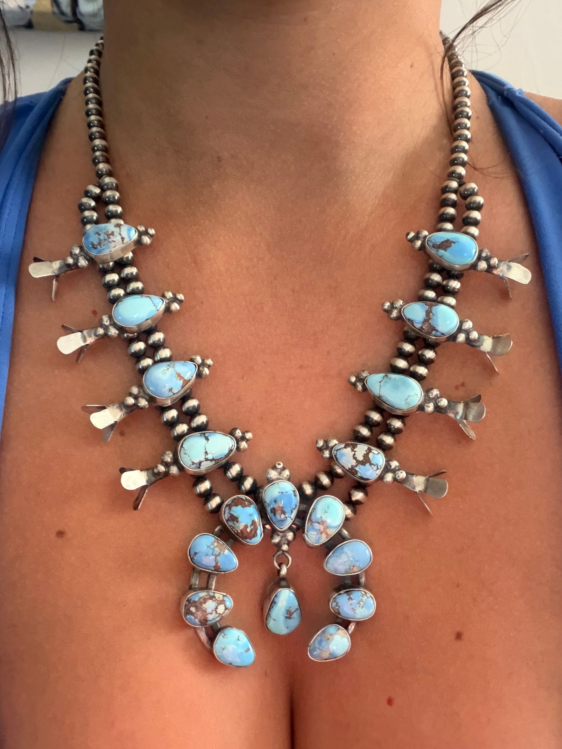 Lydia Begay Golden Hills Turquoise & Sterling Silver Cluster Squash Blossom Necklace Set