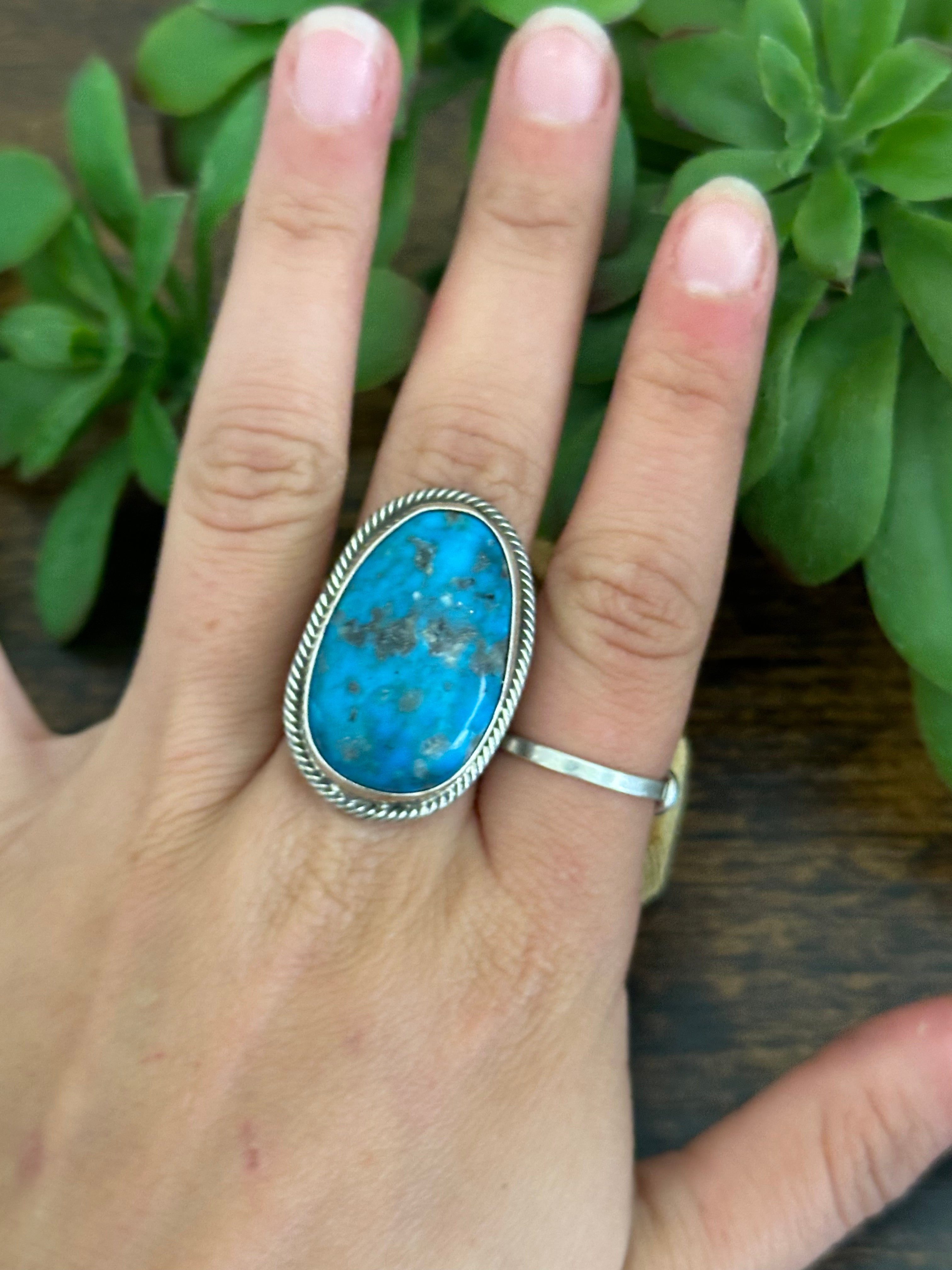 Navajo Made Kingman Turquoise & Sterling Silver Ring Size 8.5