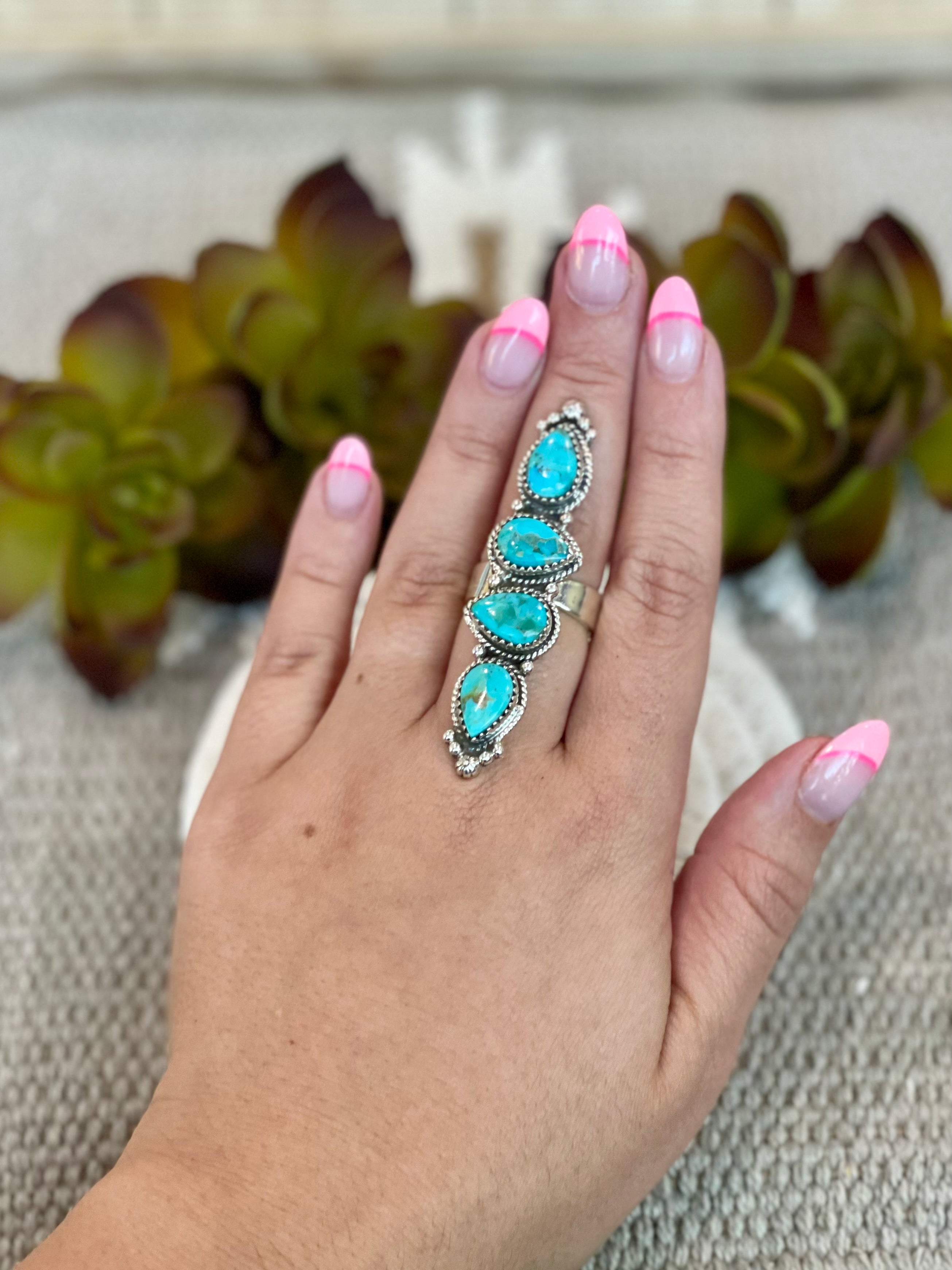 Southwest Handmade Kingman Turquoise & Sterling Silver Adjustable 4 Stone Ring