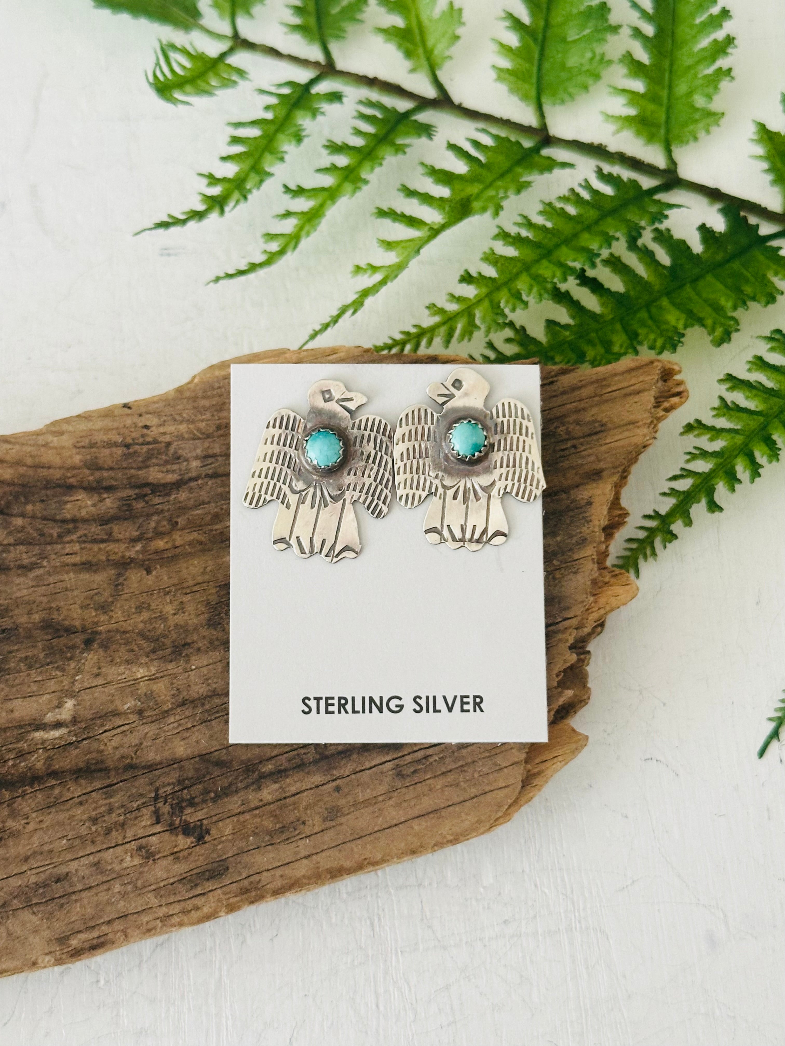 Gabrielle Yazzie Kingman Turquoise & Sterling Silver Post Thunderbird Earrings