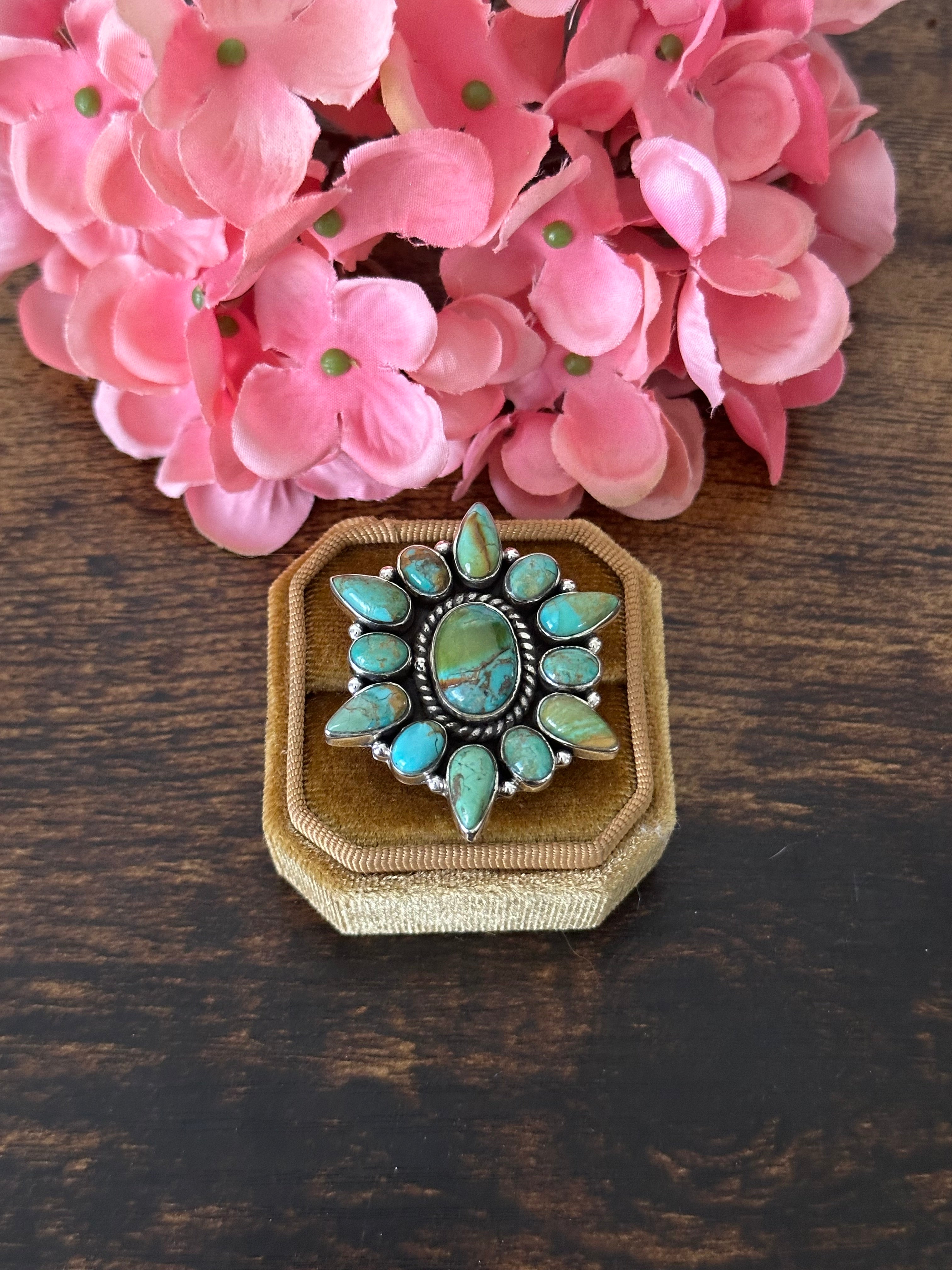 Southwest Handmade Kingman Turquoise & Sterling Silver Cluster Adjustable Ring