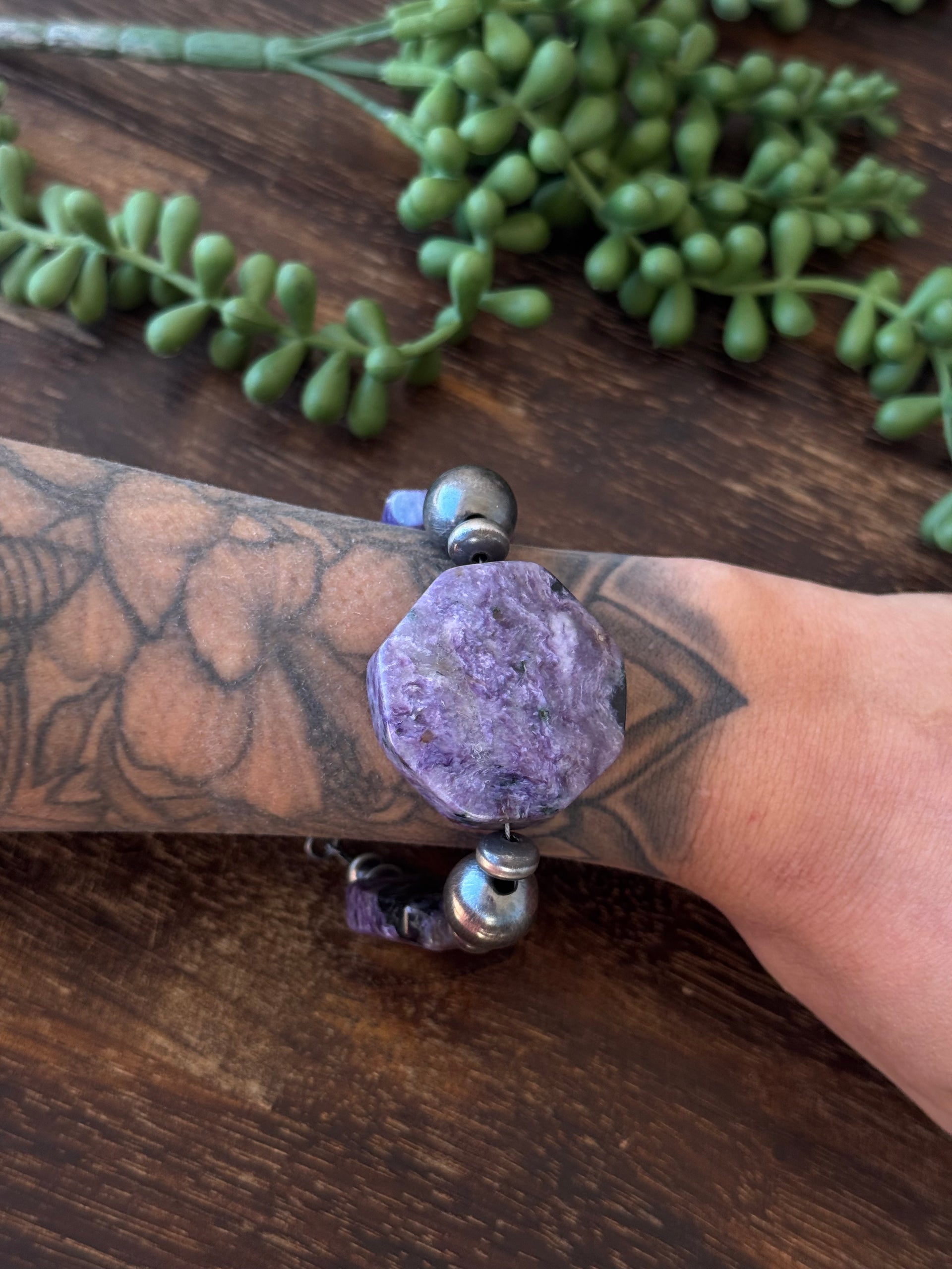 Navajo Strung Charoite & Sterling Silver Pearl Bracelet