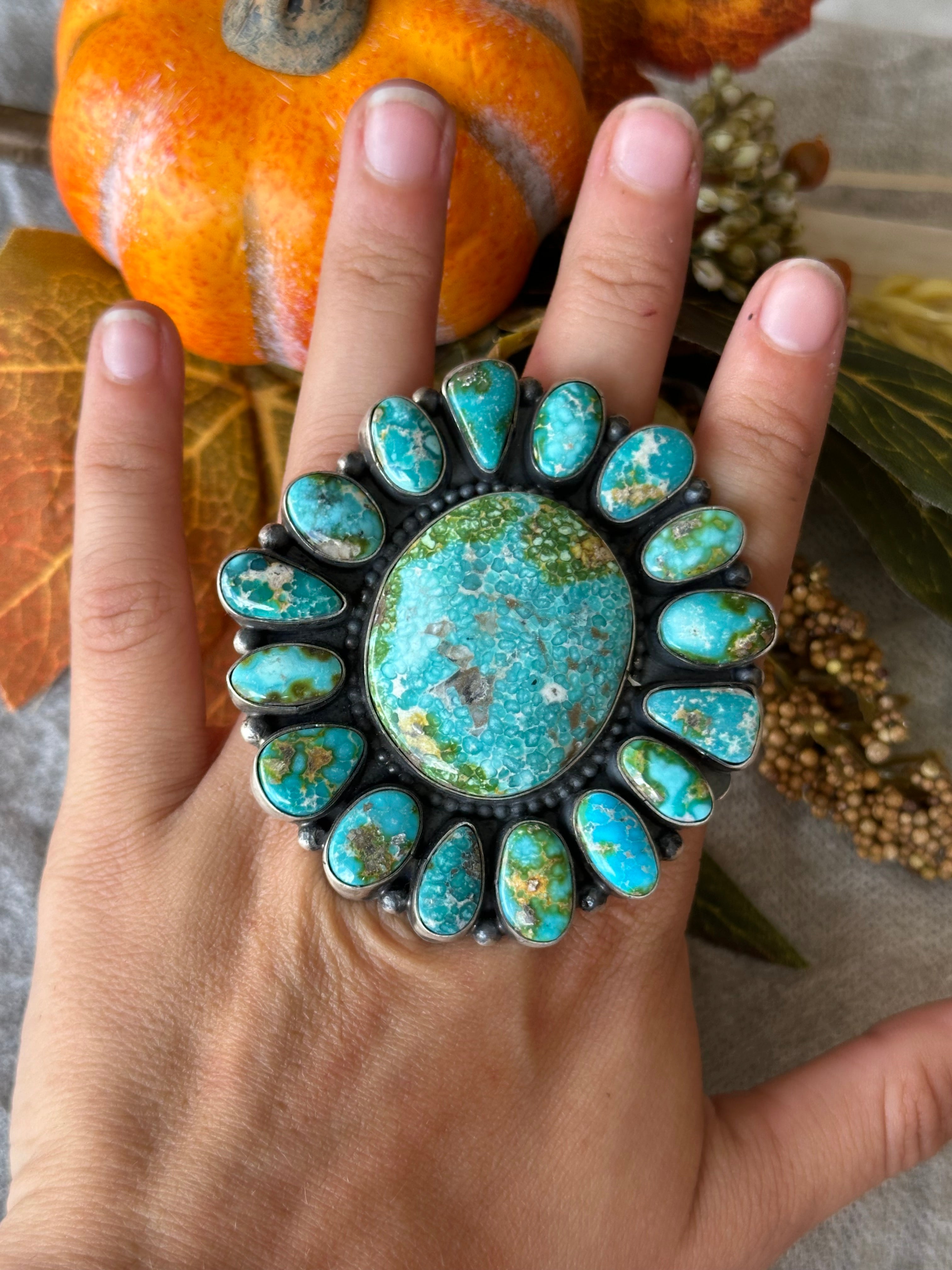 Navajo Handmade Sonoran Gold Turquoise & Sterling Silver Cluster Ring Size 9.5