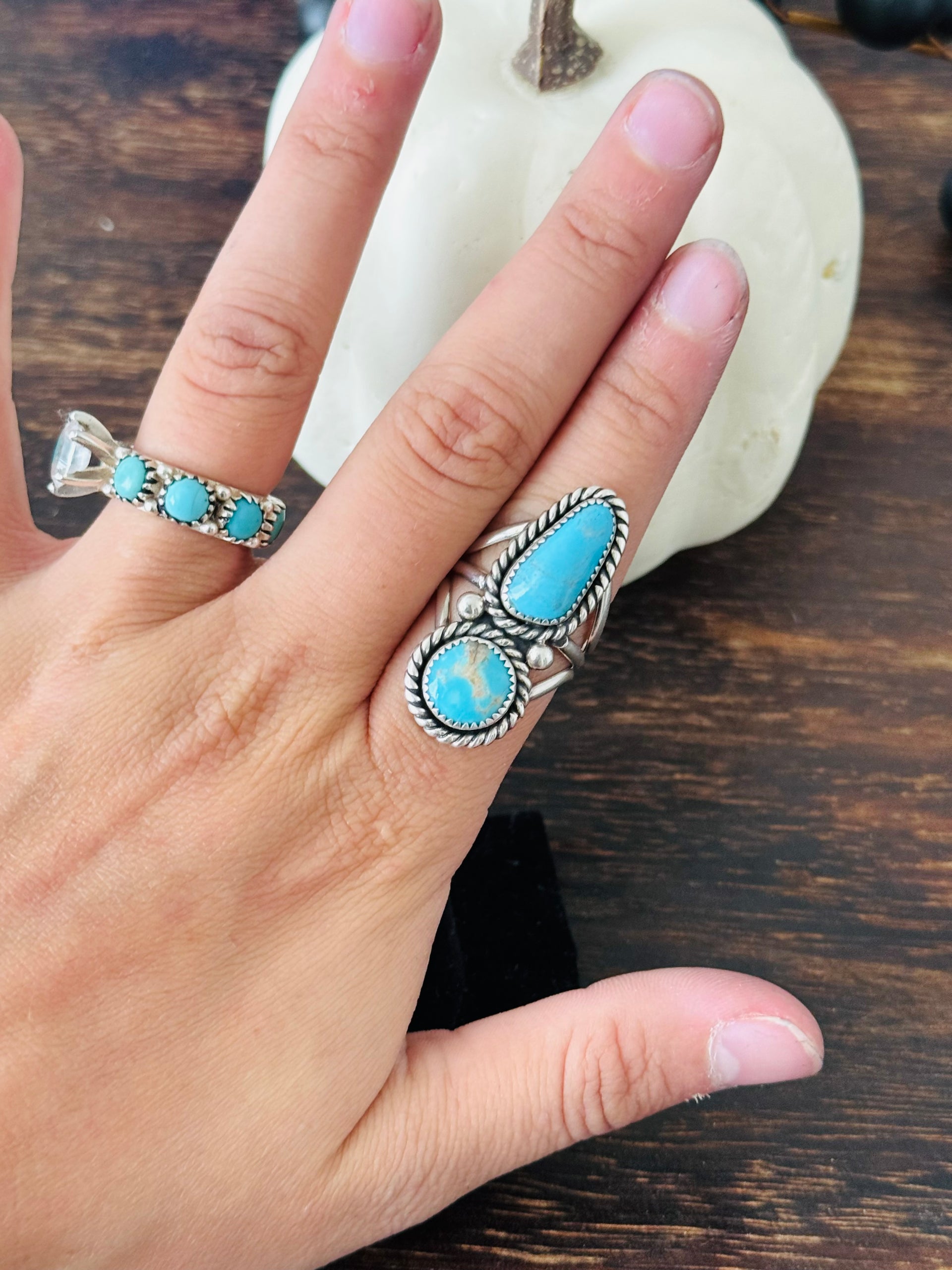 Navajo Made Kingman Turquoise & Sterling Silver Ring Size 8