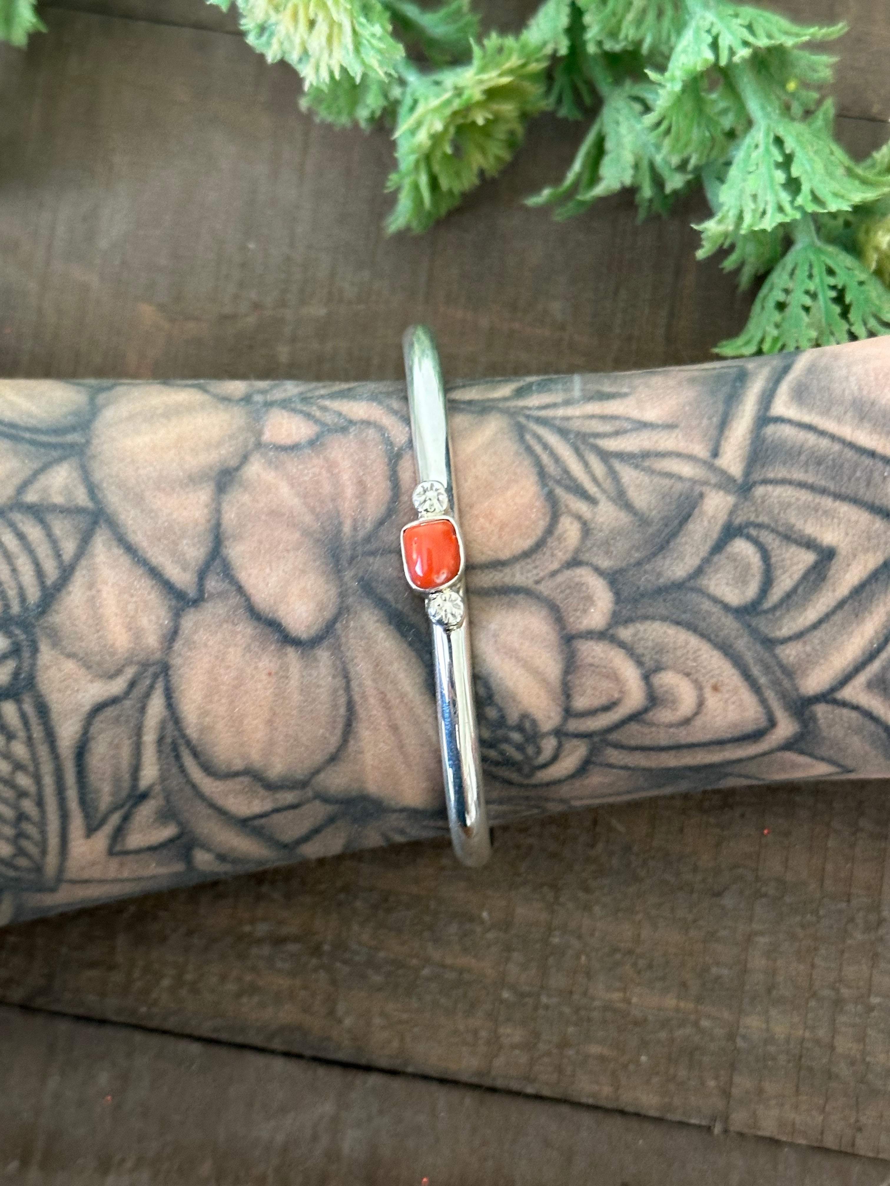 Navajo Made Red Coral & Sterling Silver Cuff Bracelet