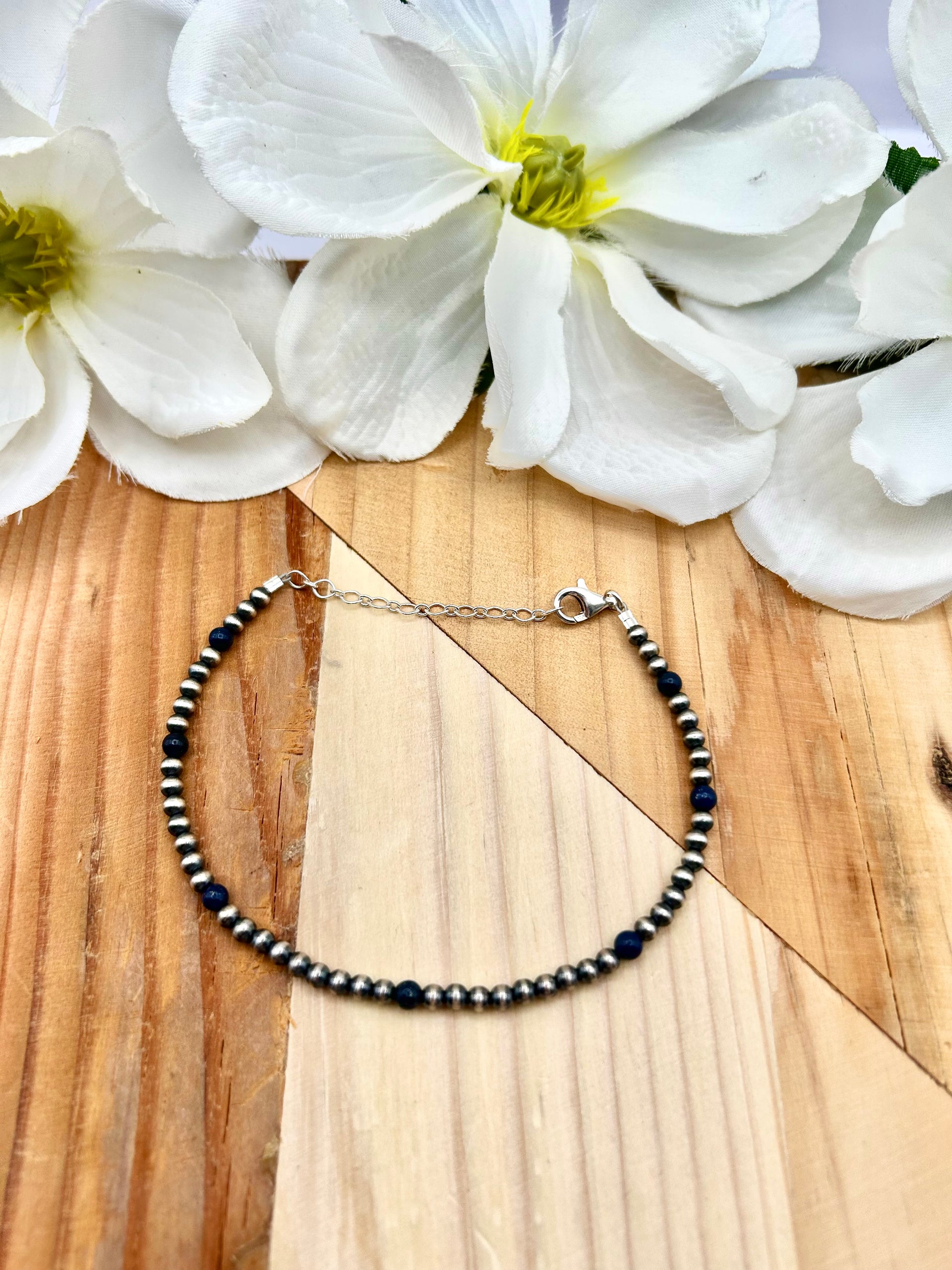 Navajo Made Lapis & Sterling Silver Strung Anklet