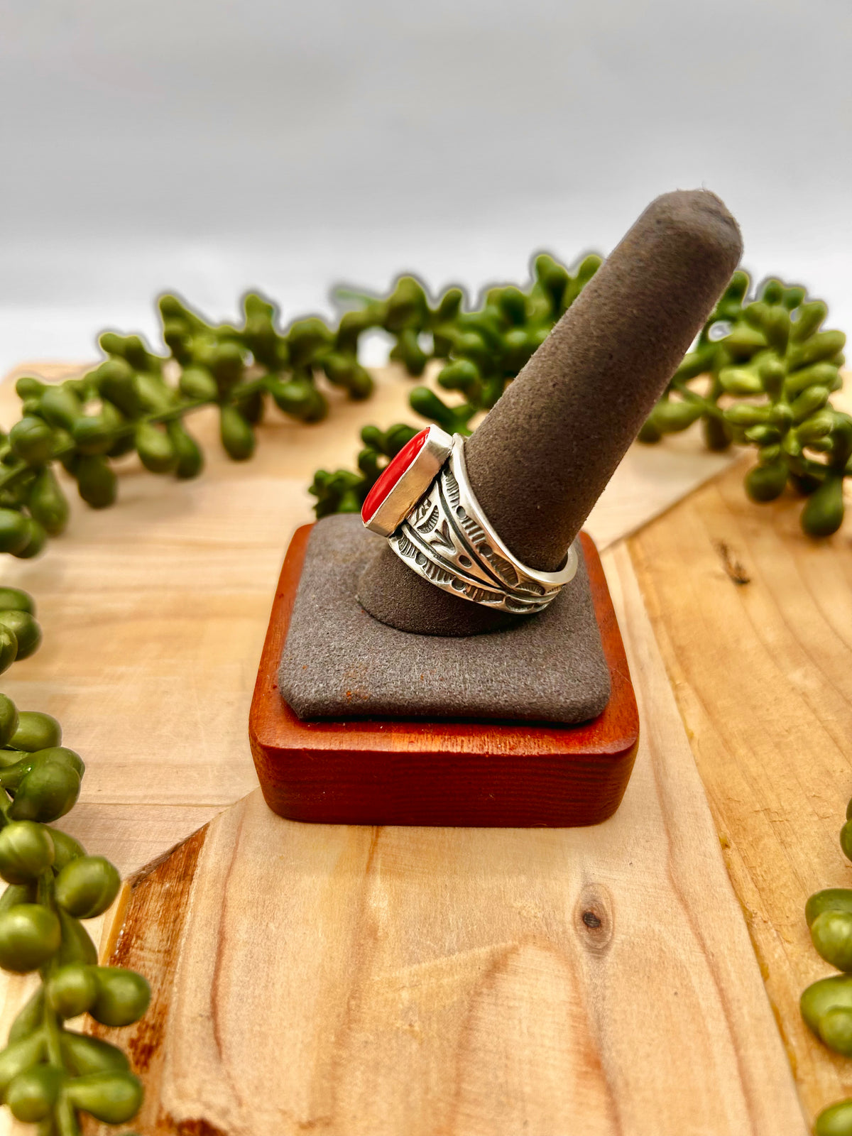 Francis Yazzie Mediterranean Coral & Sterling Silver Ring Size 11.25