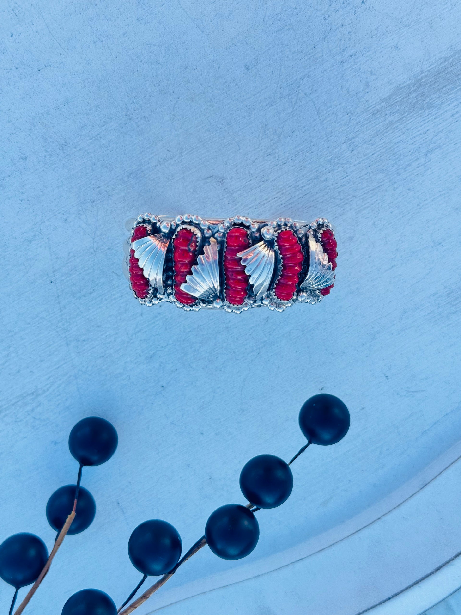 Navajo Made Red Coral & Sterling Silver Cuff Bracelet