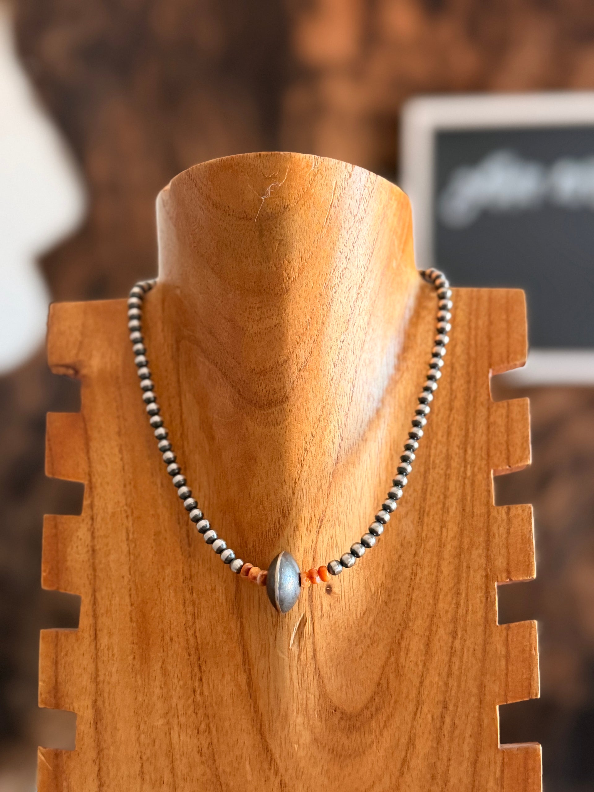 Navajo Strung Spiny Oyster & Sterling Silver Graduated & Saucer Pearl Necklace