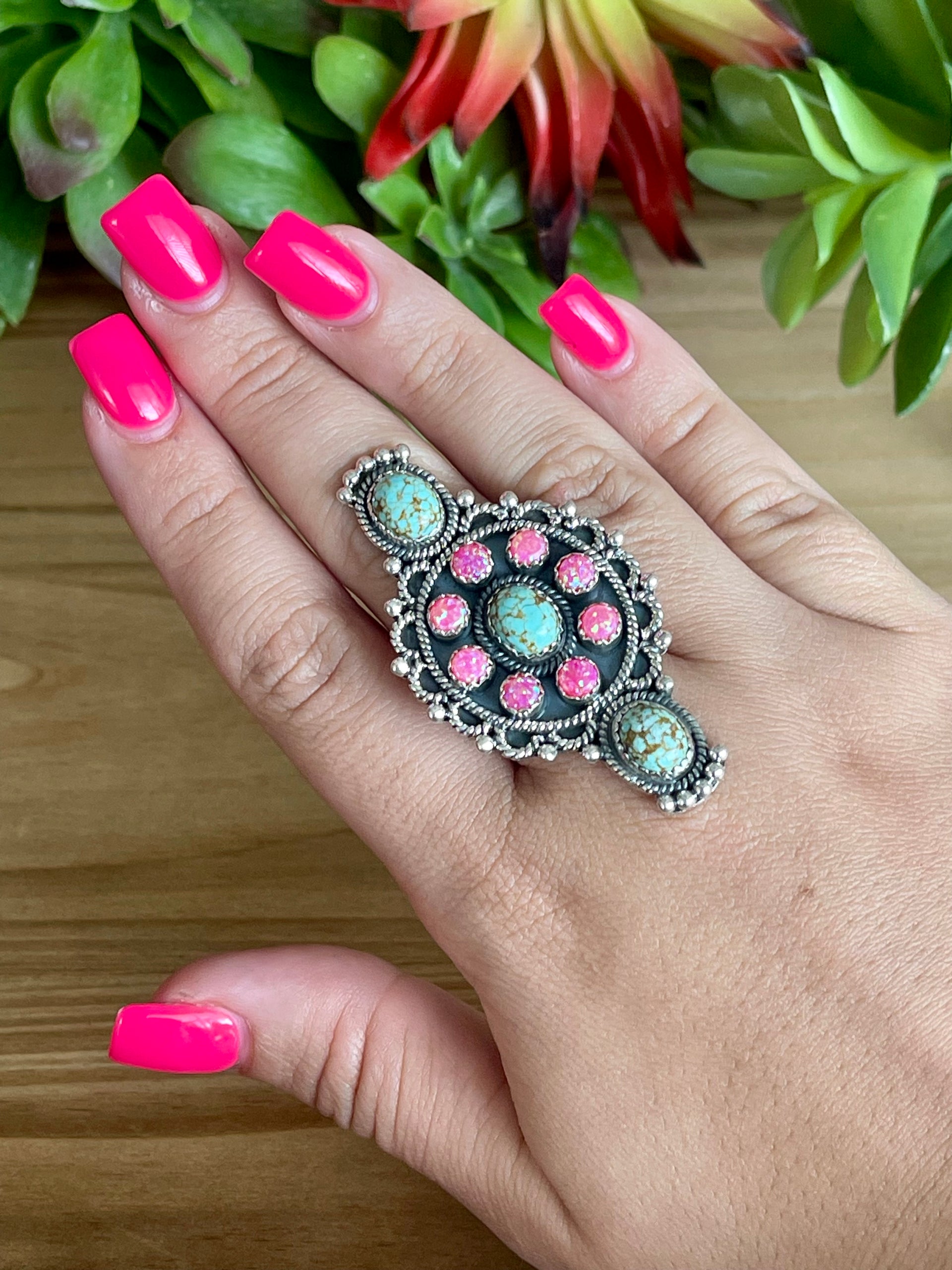 Southwest Handmade Multi Stone & Sterling Silver Adjustable Cluster Ring