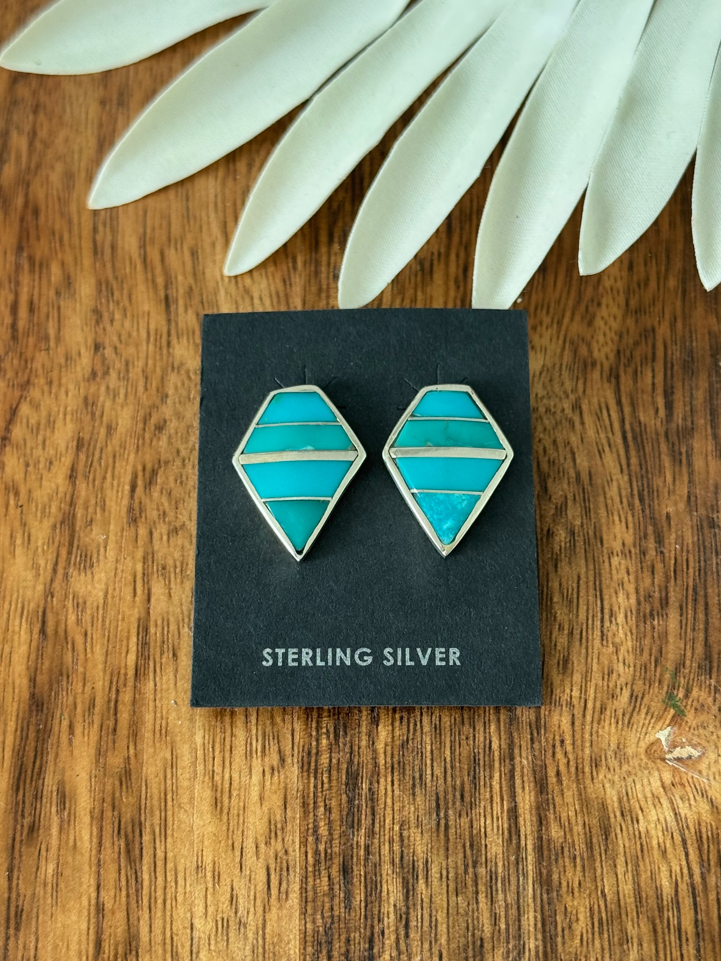 Navajo Made Kingman Turquoise & Sterling Silver Inlay Post Earrings