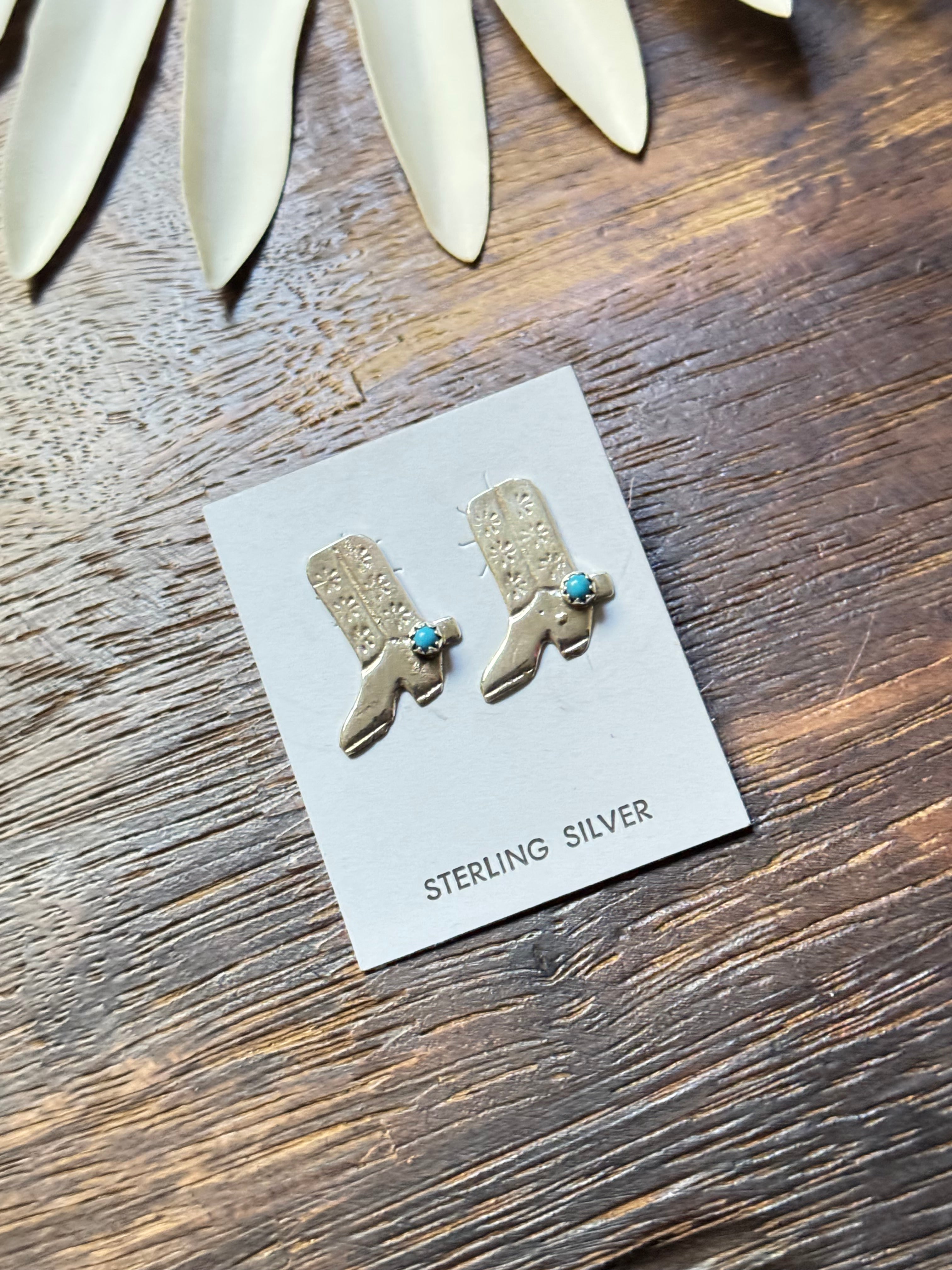 Navajo Made Kingman Turquoise & Sterling Silver Post Cowboy Boot Earrings