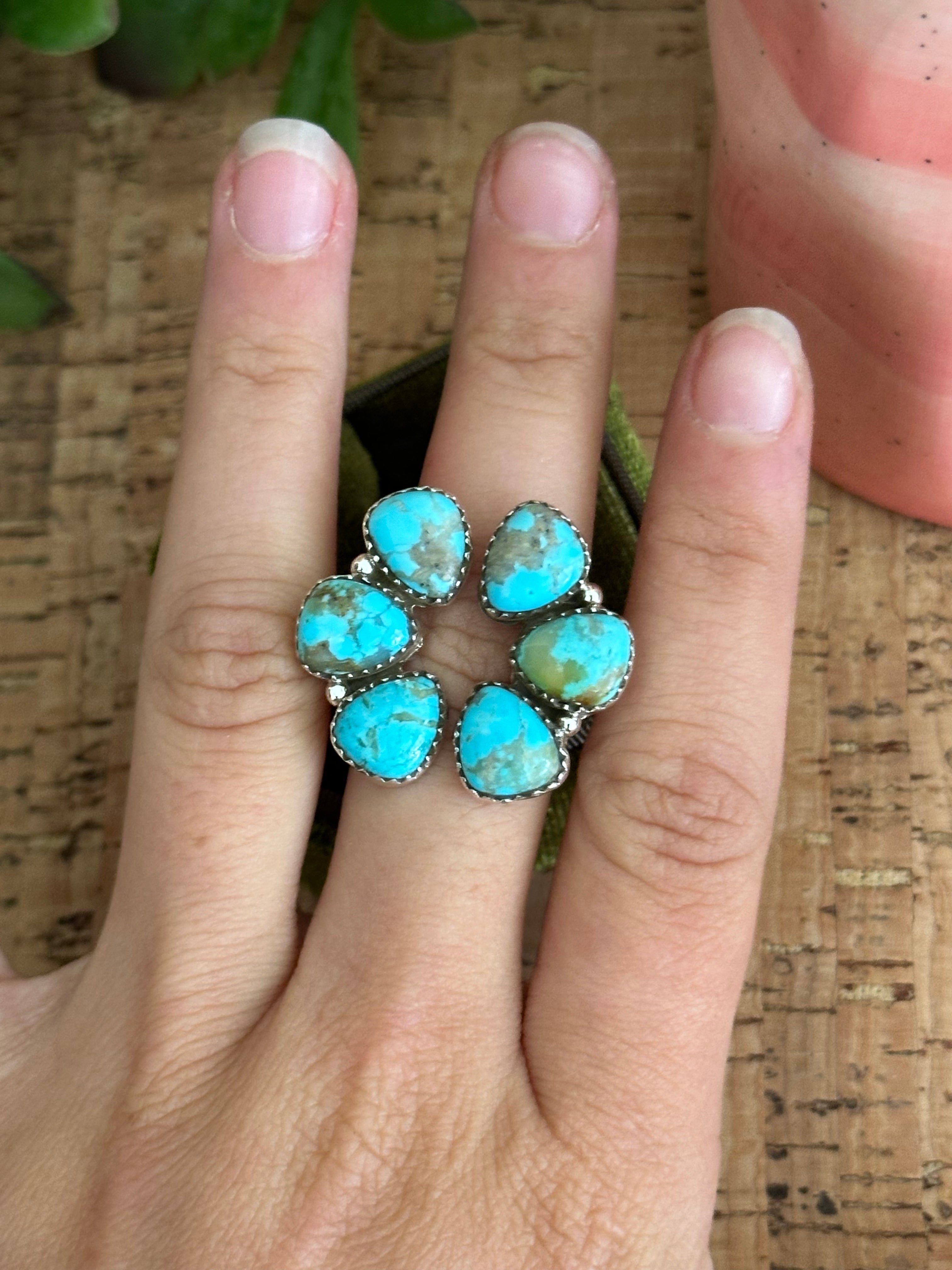 Southwest Handmade Kingman Turquoise & Sterling Silver Adjustable Cluster Ring