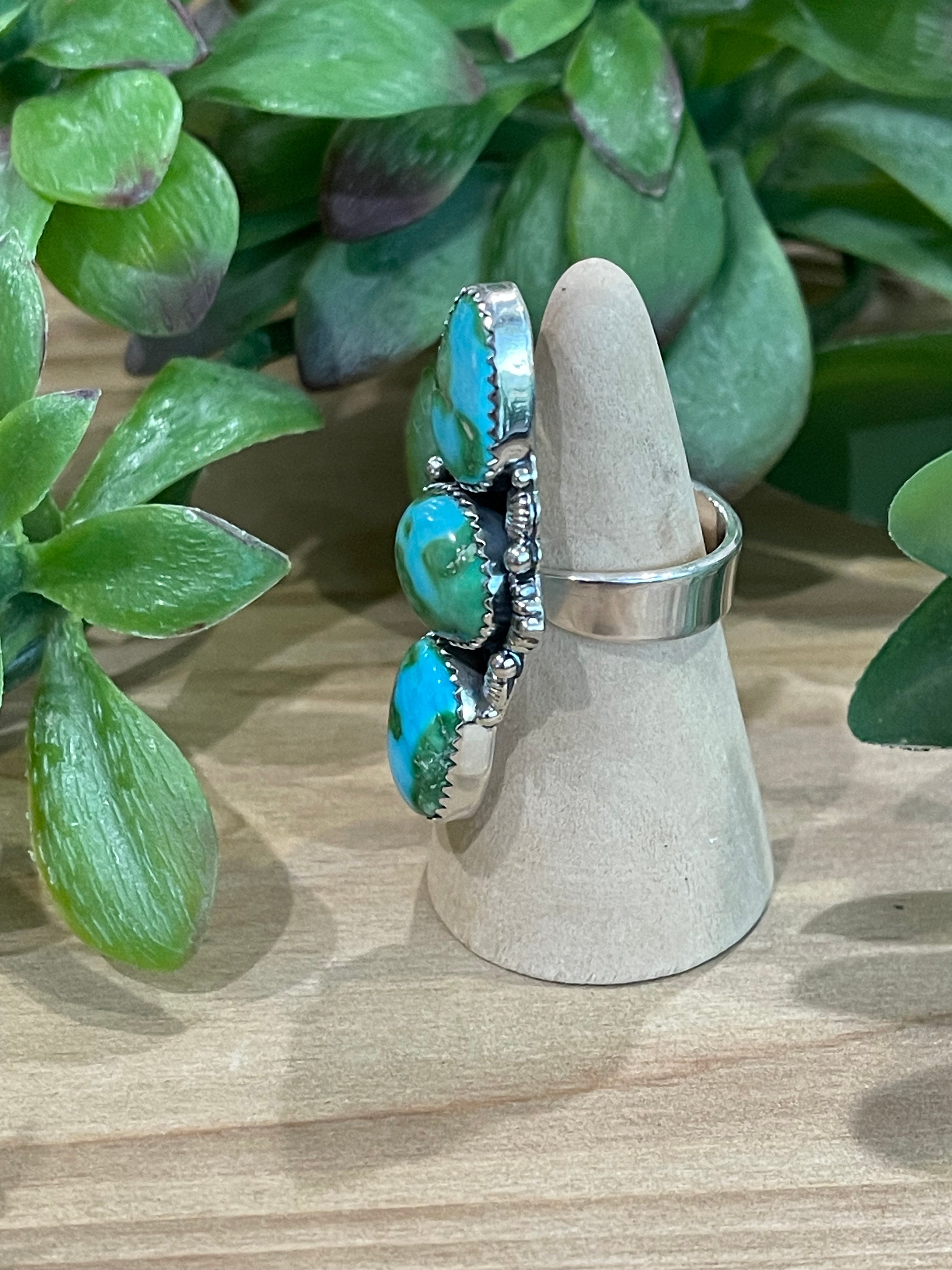 Southwest Handmade Sonoran Mountain Turquoise & Sterling Silver 3 Stone Adjustable Ring