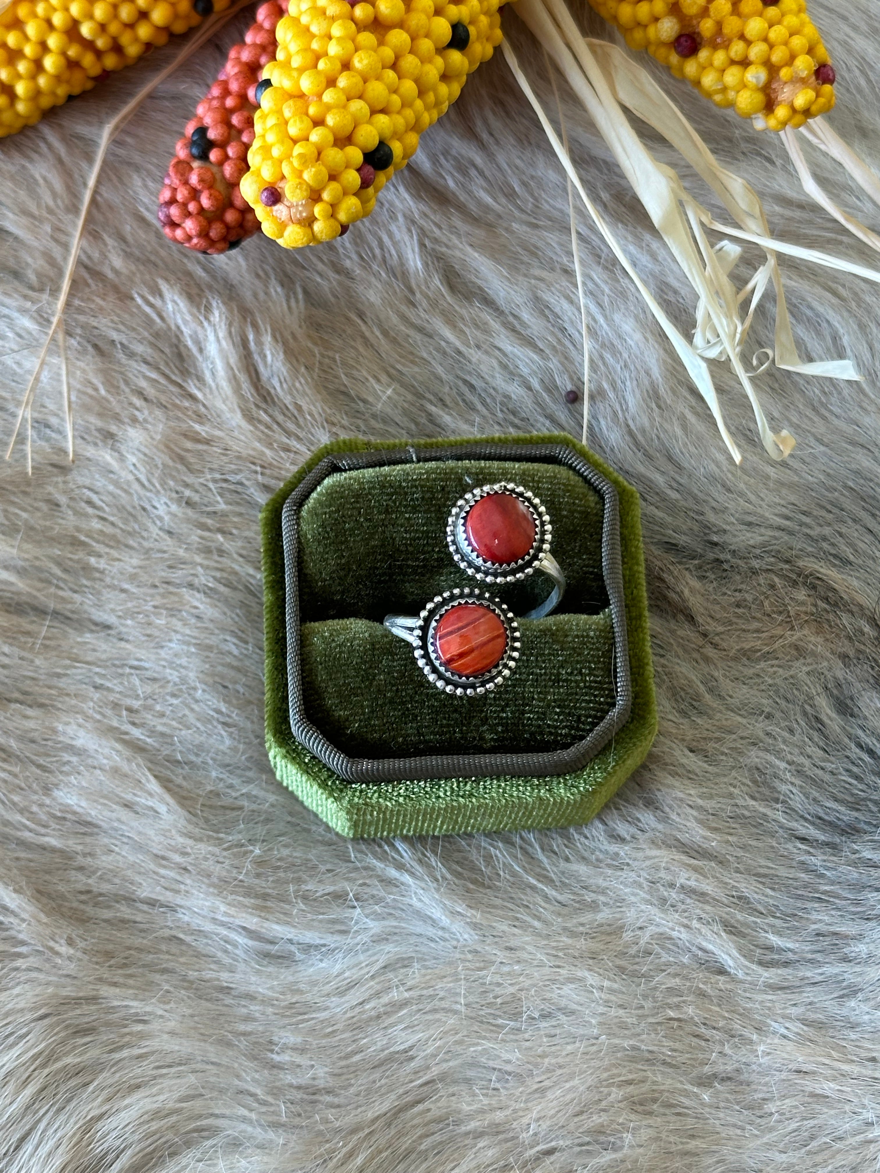 Navajo Handmade Red Spiny Oyster & Sterling Silver Adjustable Ring