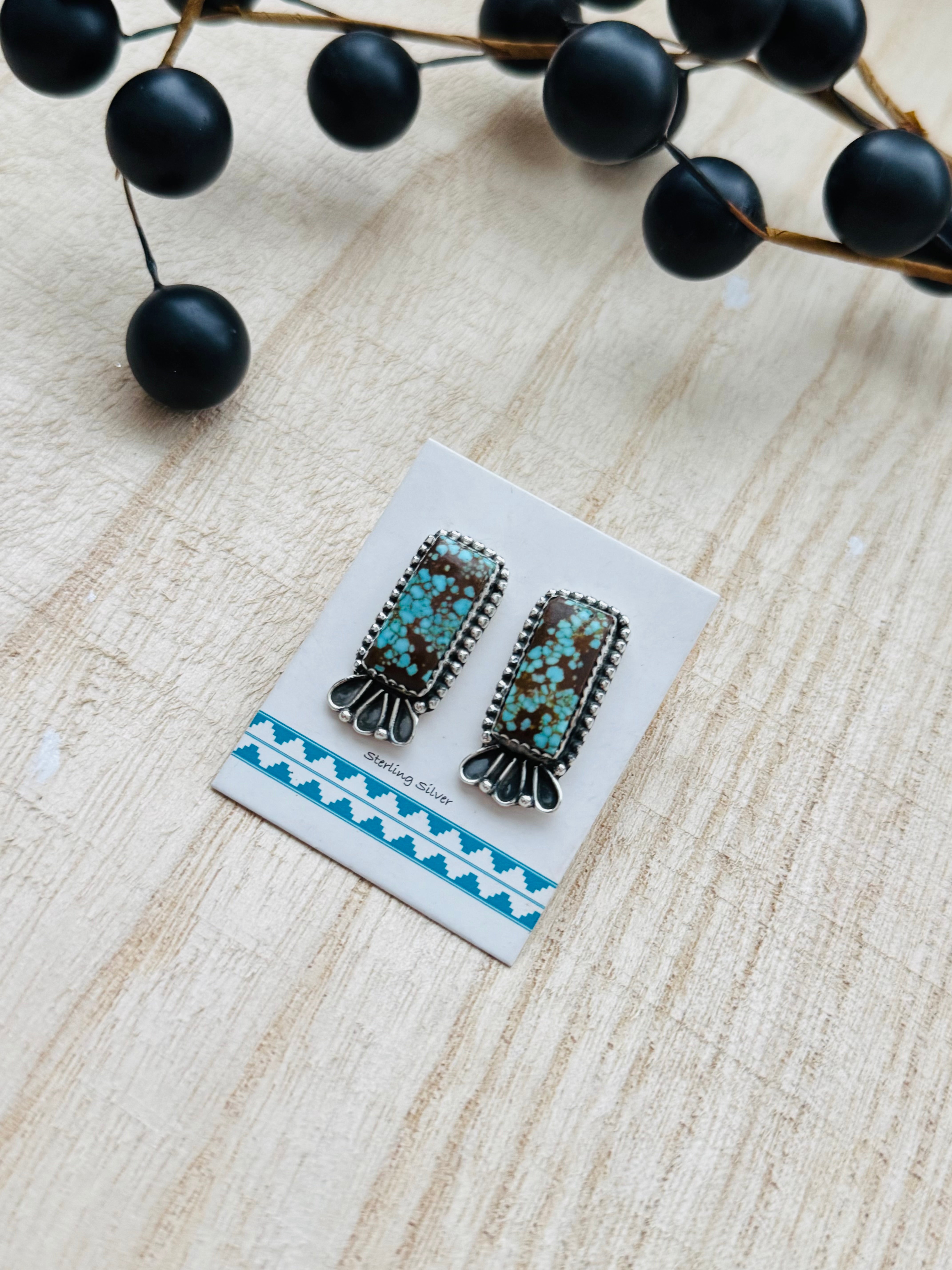 Southwest Handmade #8 Turquoise & Sterling Silver Post Bar Earrings