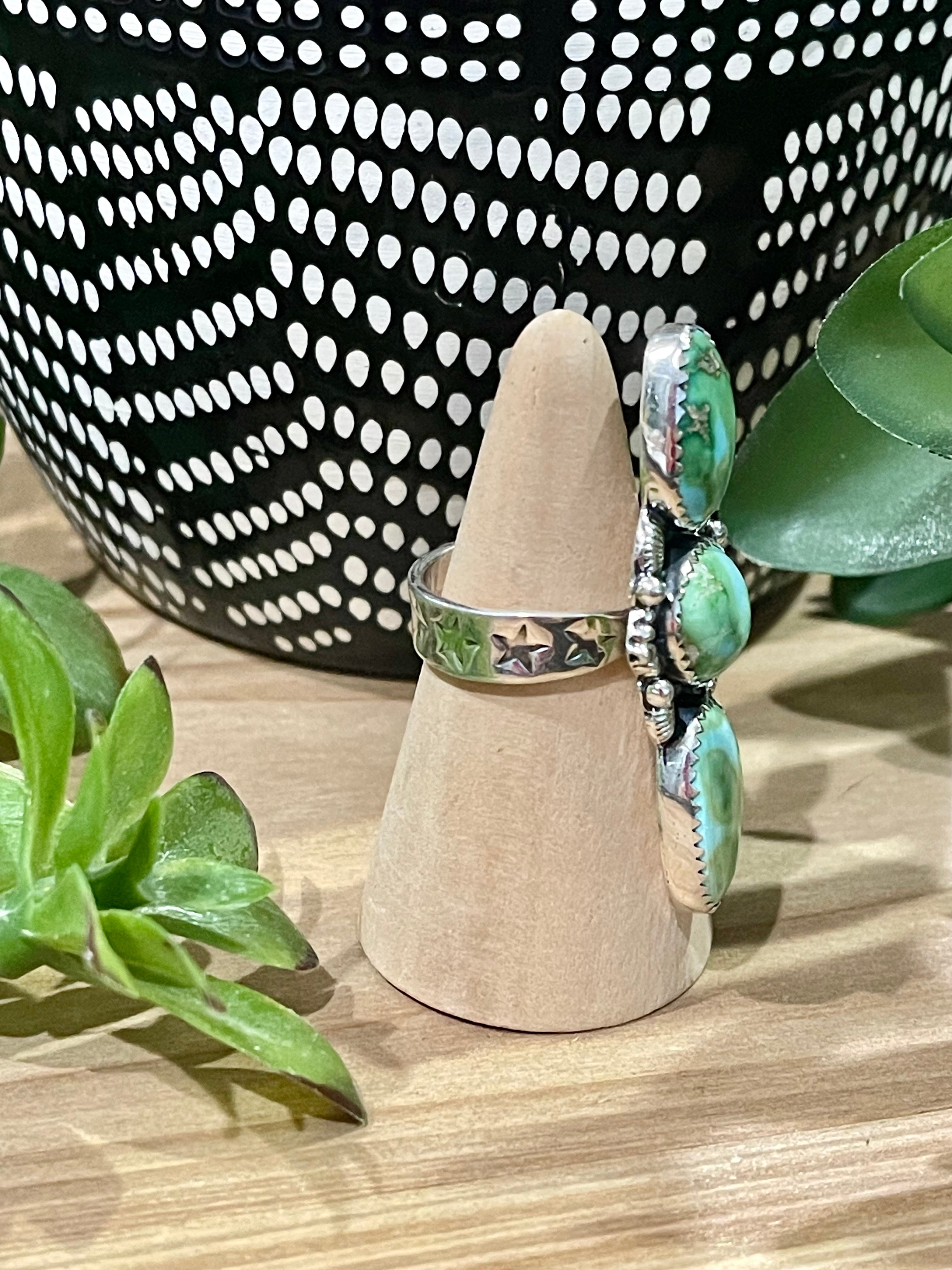 Southwest Handmade Sonoran Mountain Turquoise & Sterling Silver 3 Stone Adjustable Ring