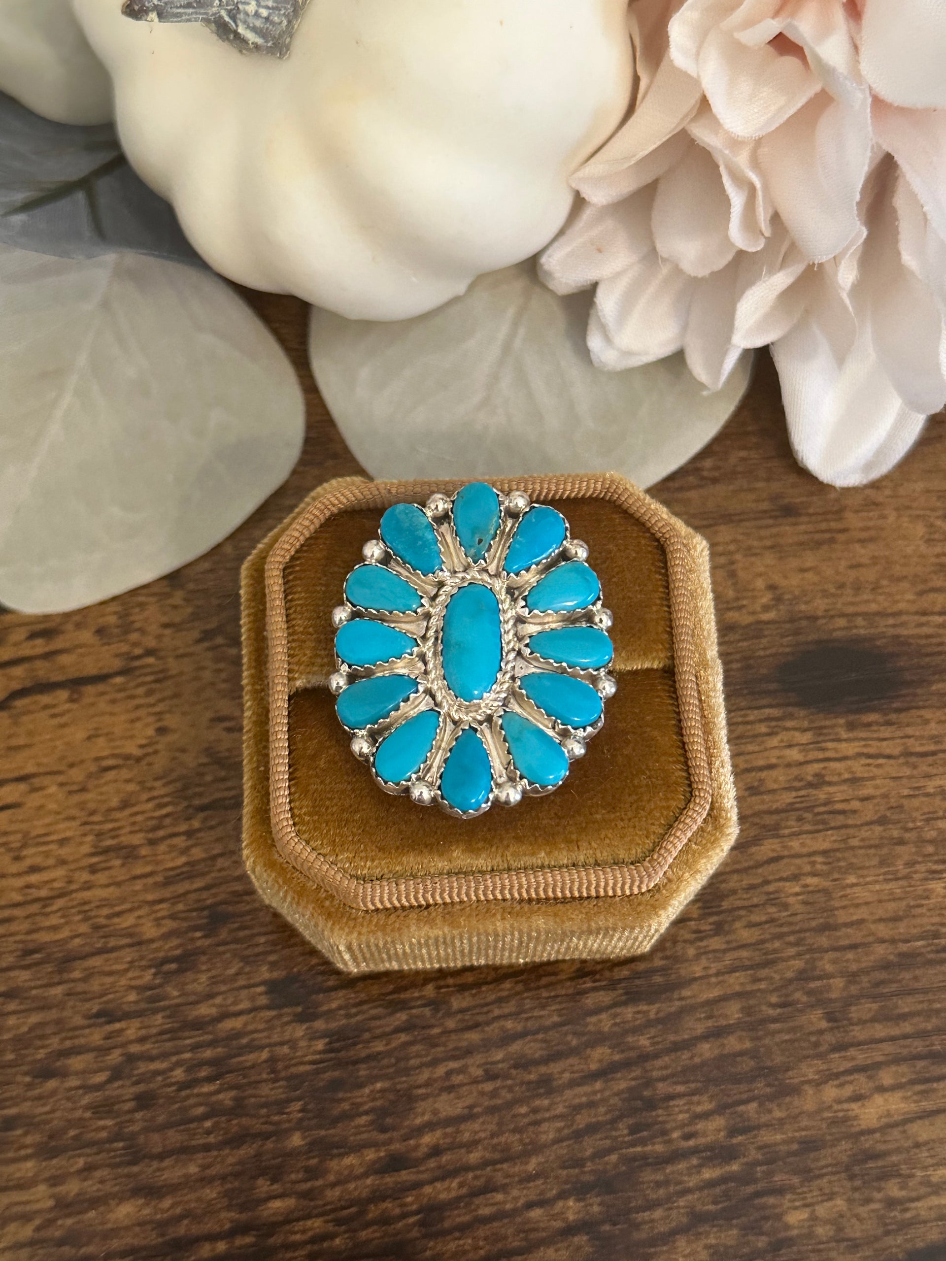 Navajo Made Kingman Turquoise & Sterling Silver Cluster Adjustable Ring