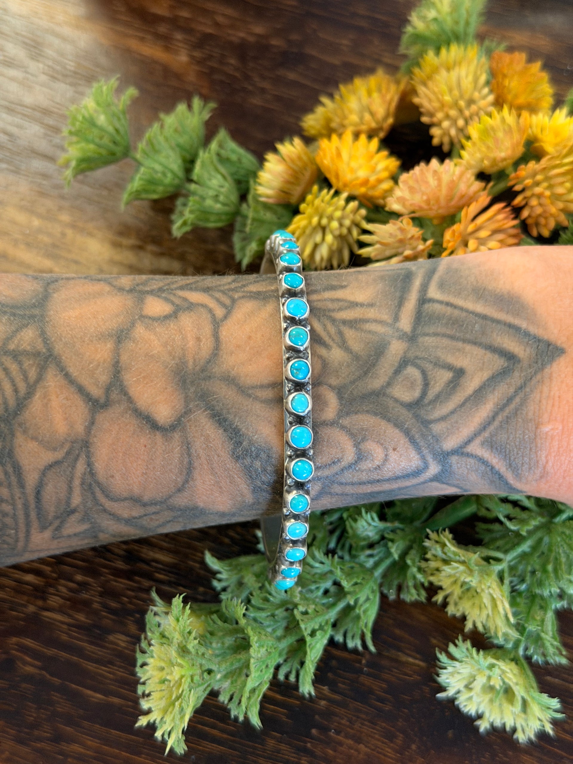 Sheila Tso Kingman Turquoise & Sterling Silver Cluster Cuff Bracelet
