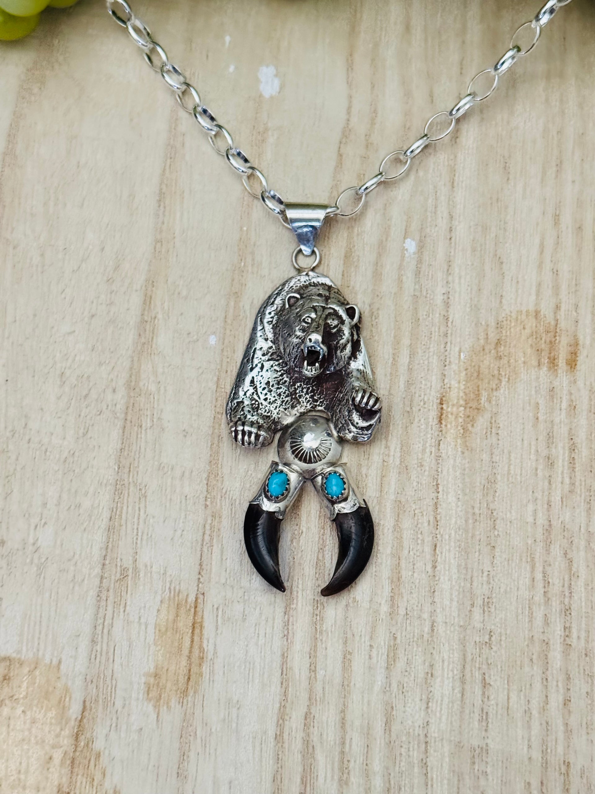 Navajo Made Kingman Turquoise & Bear Sterling Silver