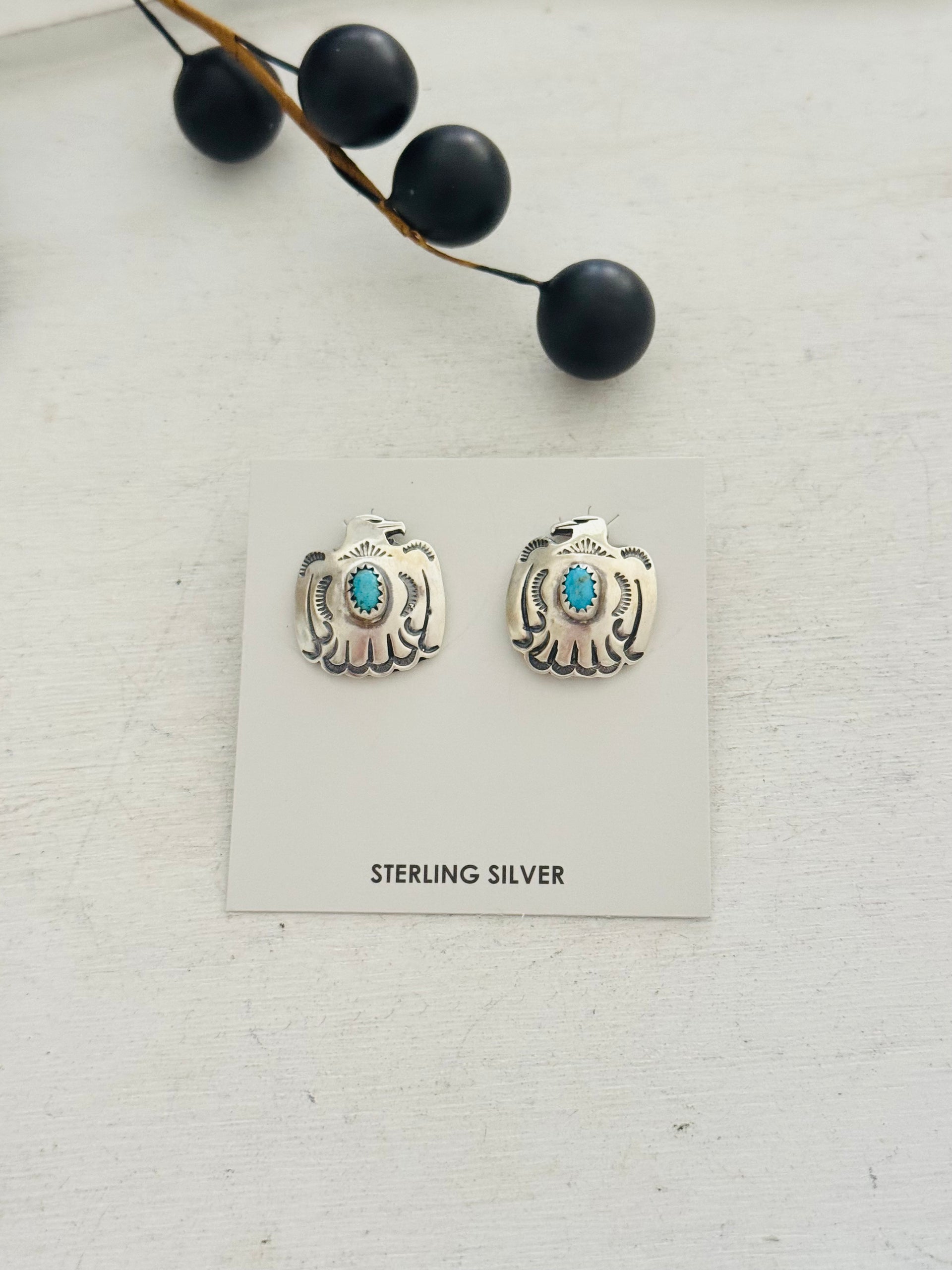 Jerold Joe Kingman Turquoise & Sterling Silver Post Thunderbird Earrings