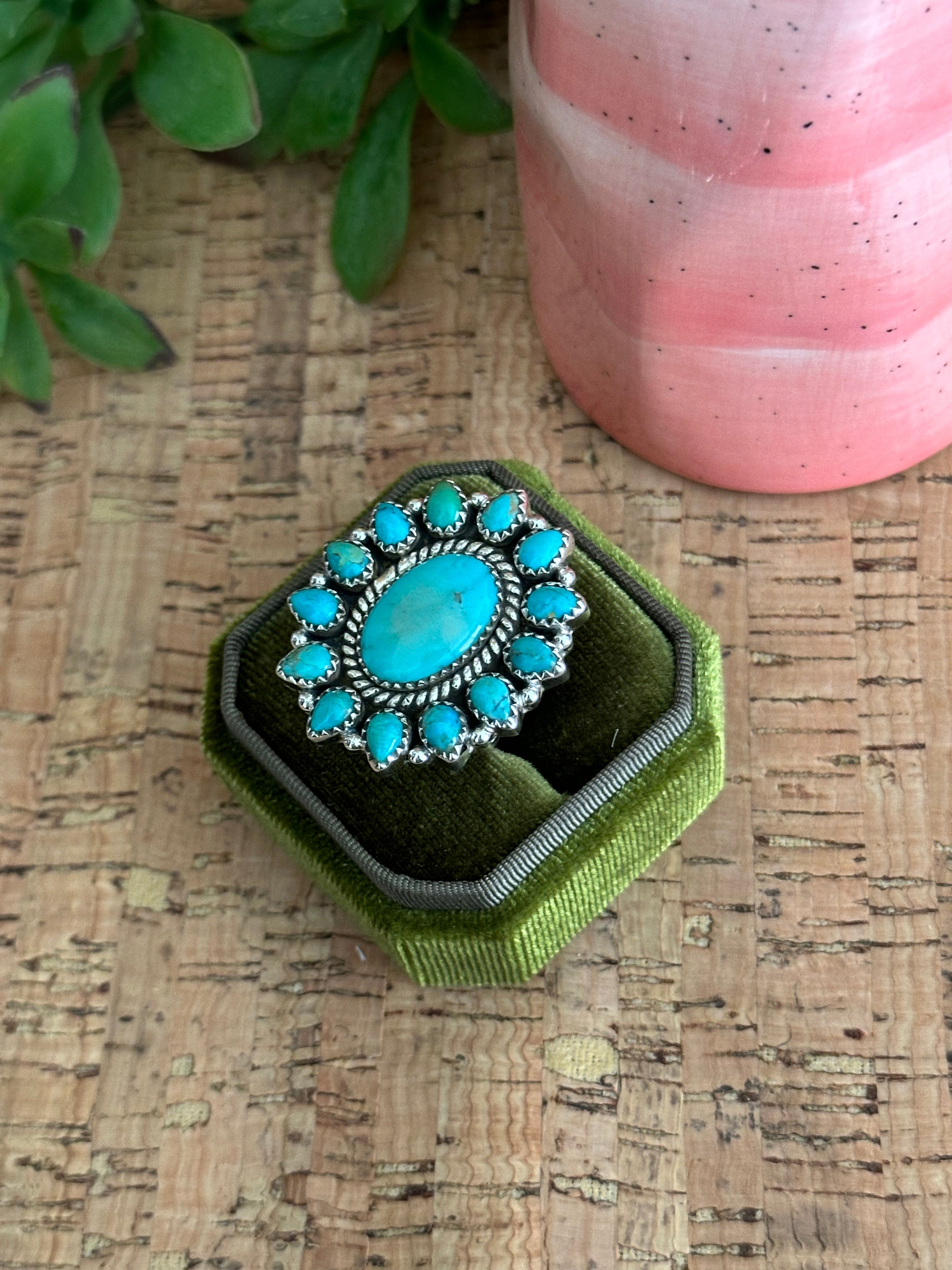 Southwest Handmade Kingman Turquoise & Sterling Silver Adjustable Cluster Ring