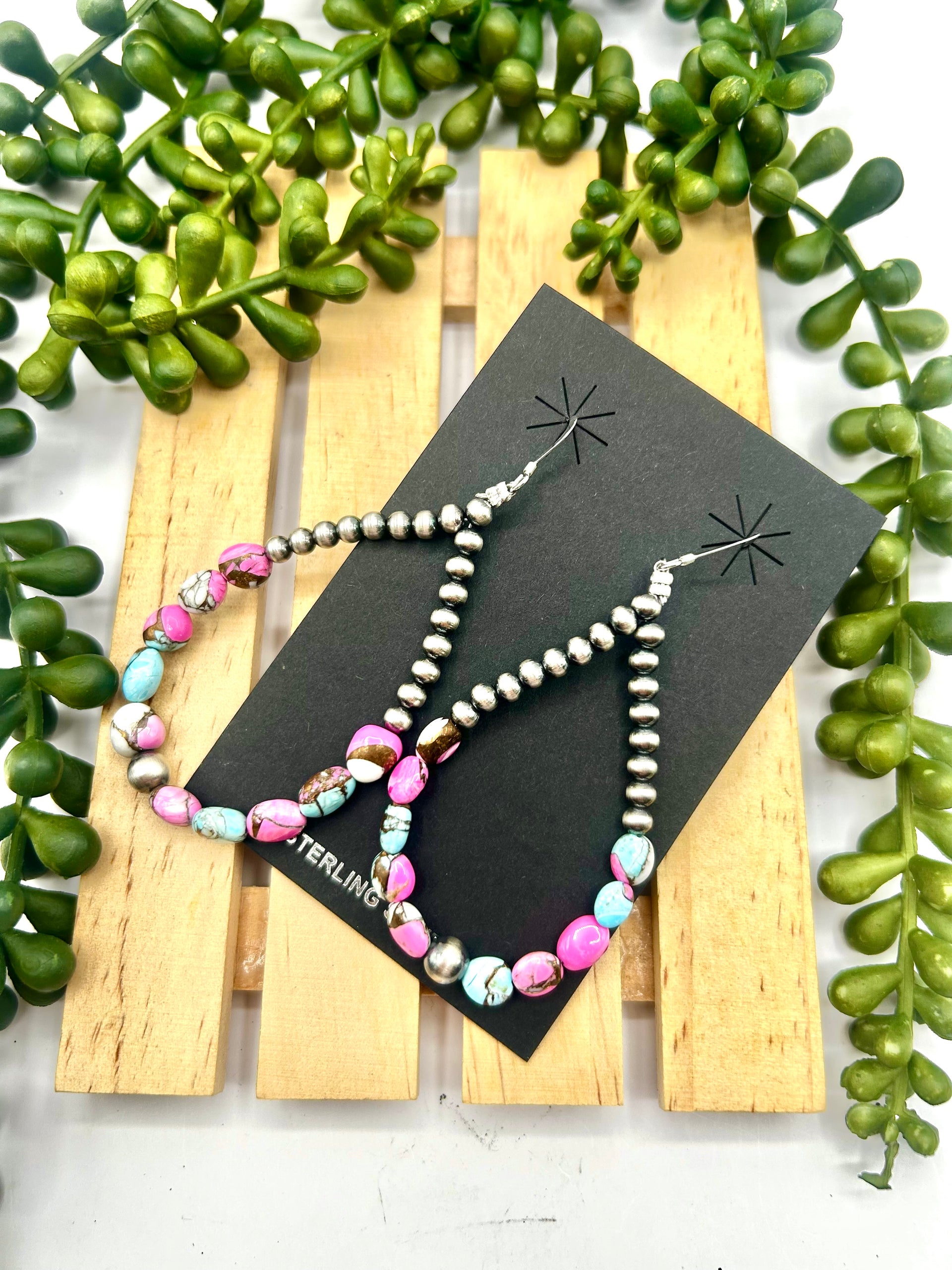 Navajo Made Strung Cotton Candy Dahlia & Sterling Silver Hook Earrings