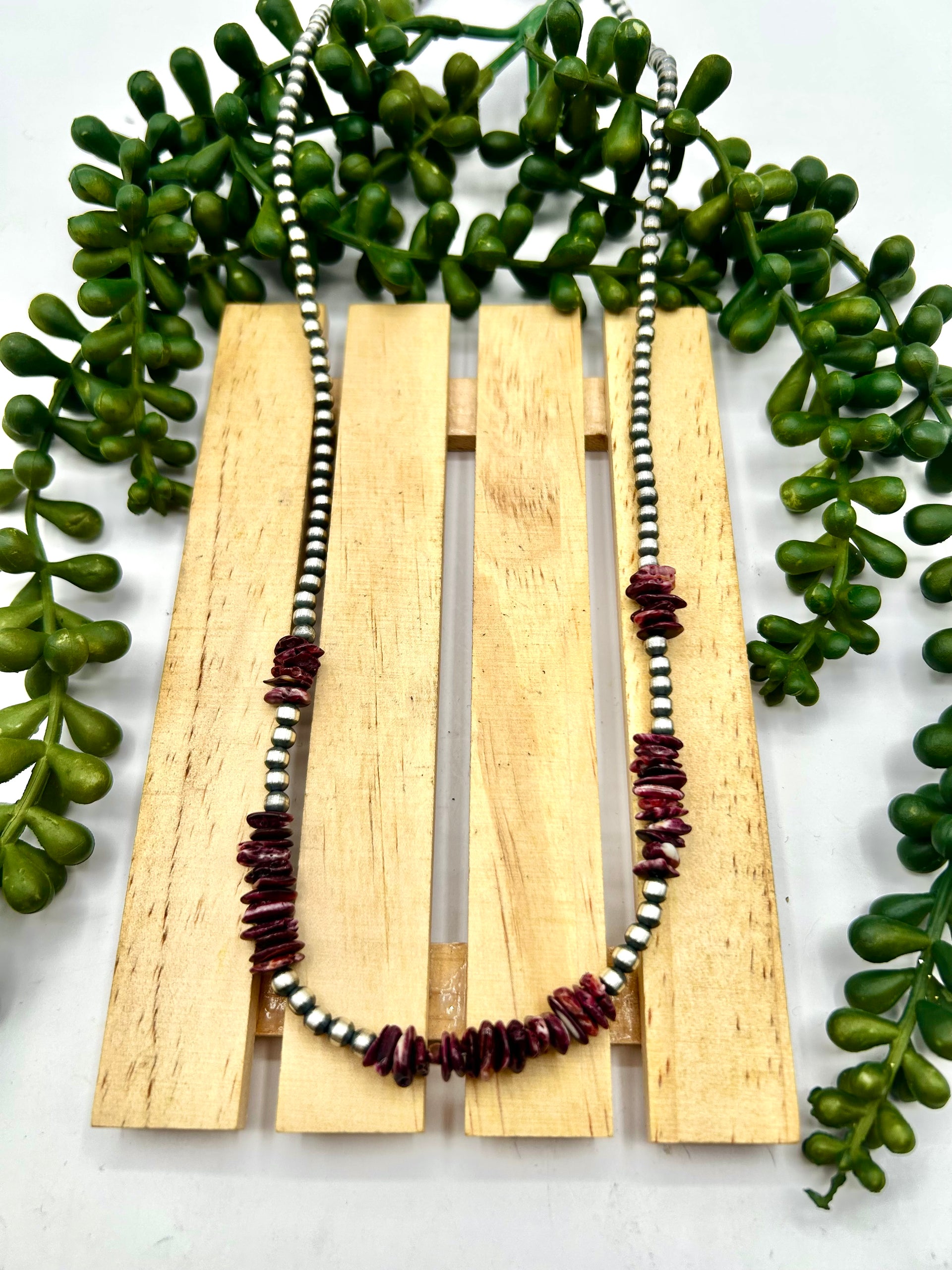 Navajo Made Strung Purple Spiny Oyster & Sterling Silver Necklace