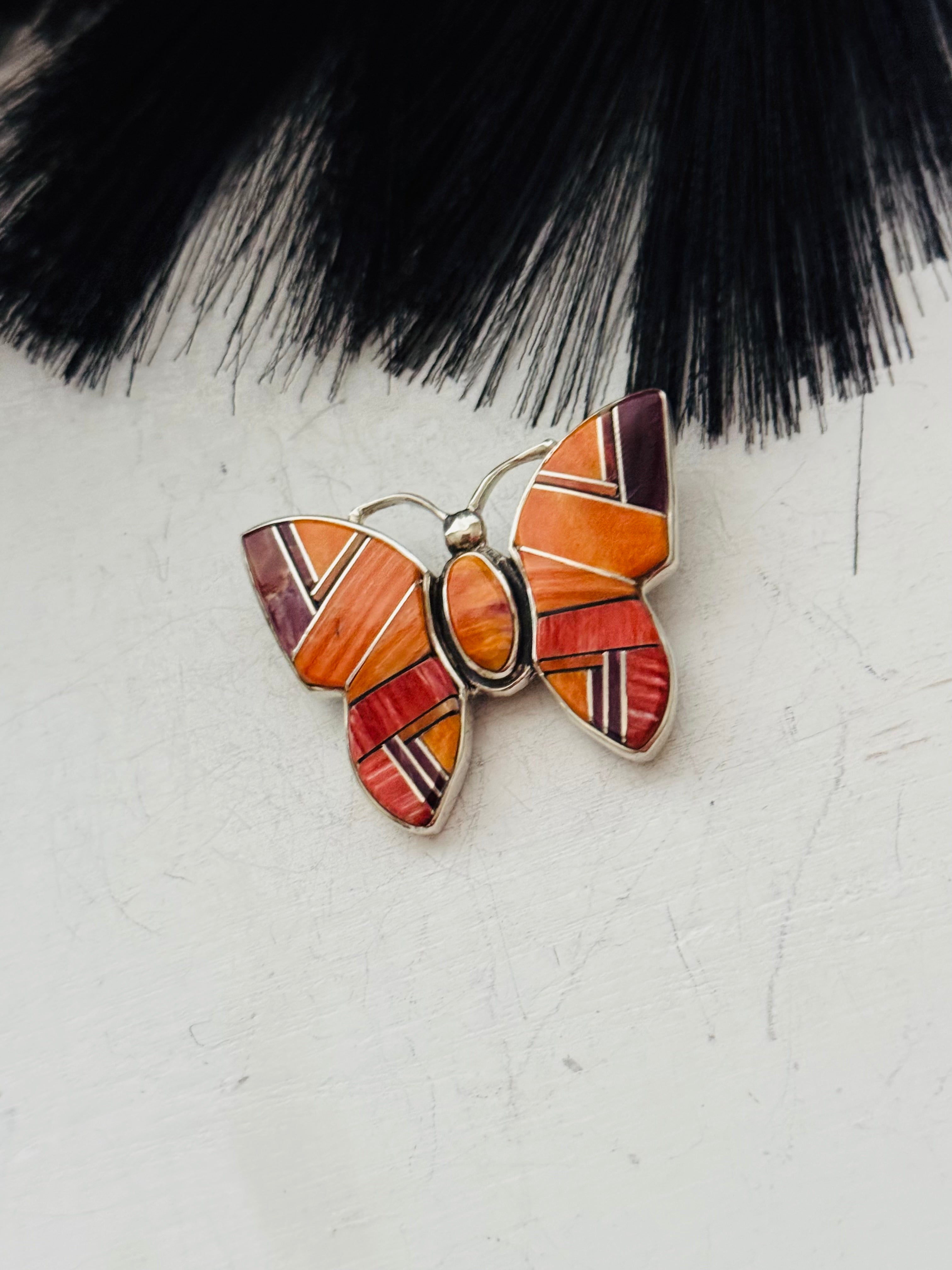 Navajo Made Spiny Oyster & Sterling Silver Butterfly Inlay Pin