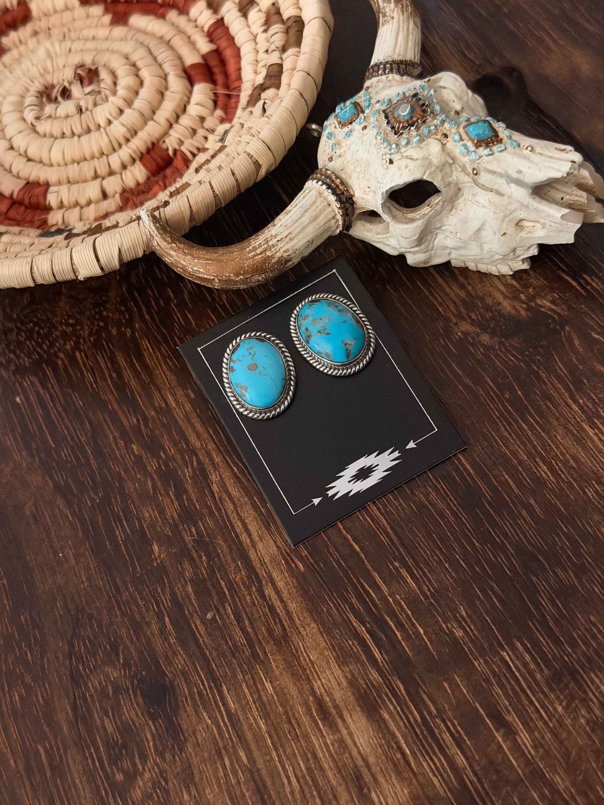 Navajo Made Kingman Turquoise & Sterling Silver Post Earrings