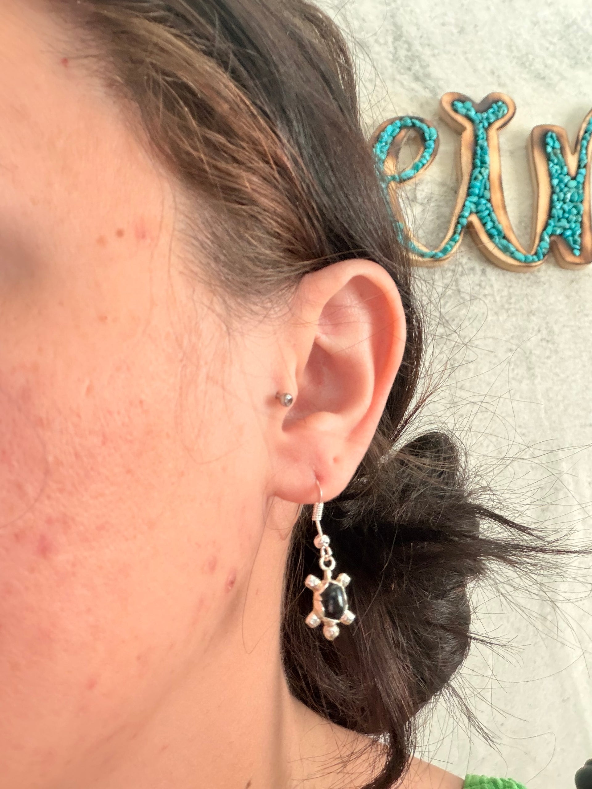 Navajo Made Onyx & Sterling Silver Turtle Dangle Earrings
