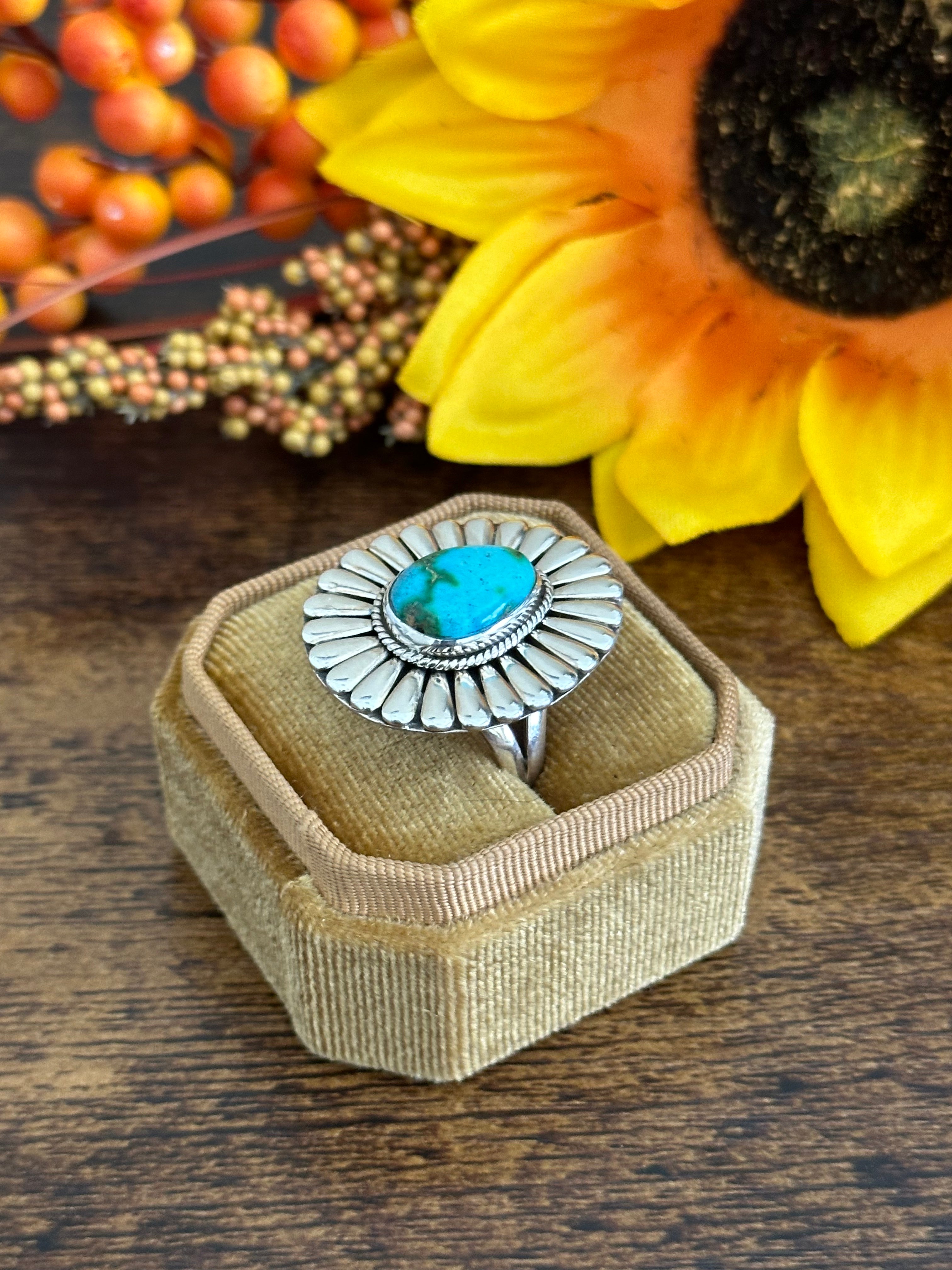 Navajo Made Sonoran Mountain Turquoise & Sterling Silver Ring Size 10.75