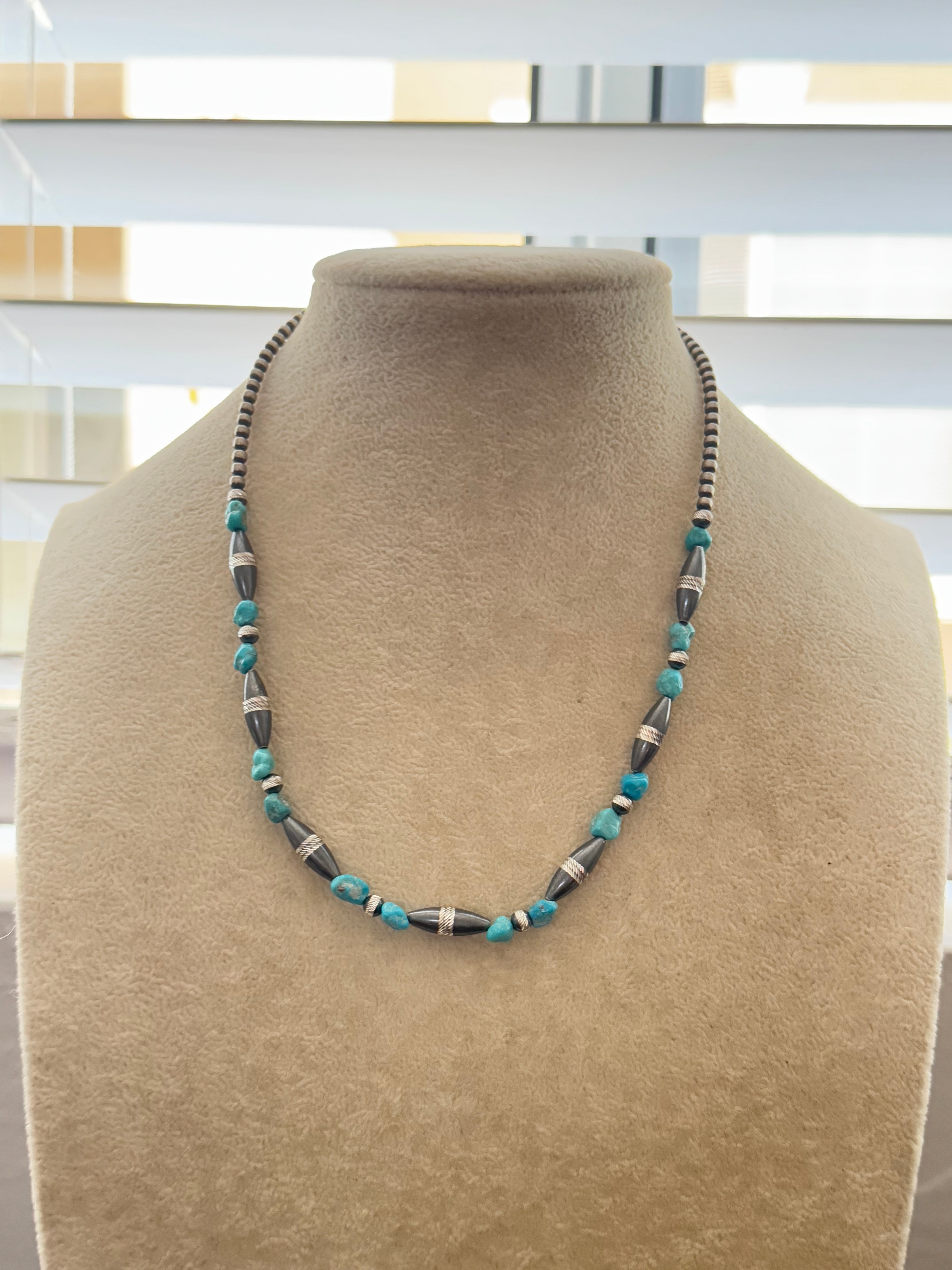 Navajo Strung Kingman Turquoise & Sterling Silver Beaded Necklace