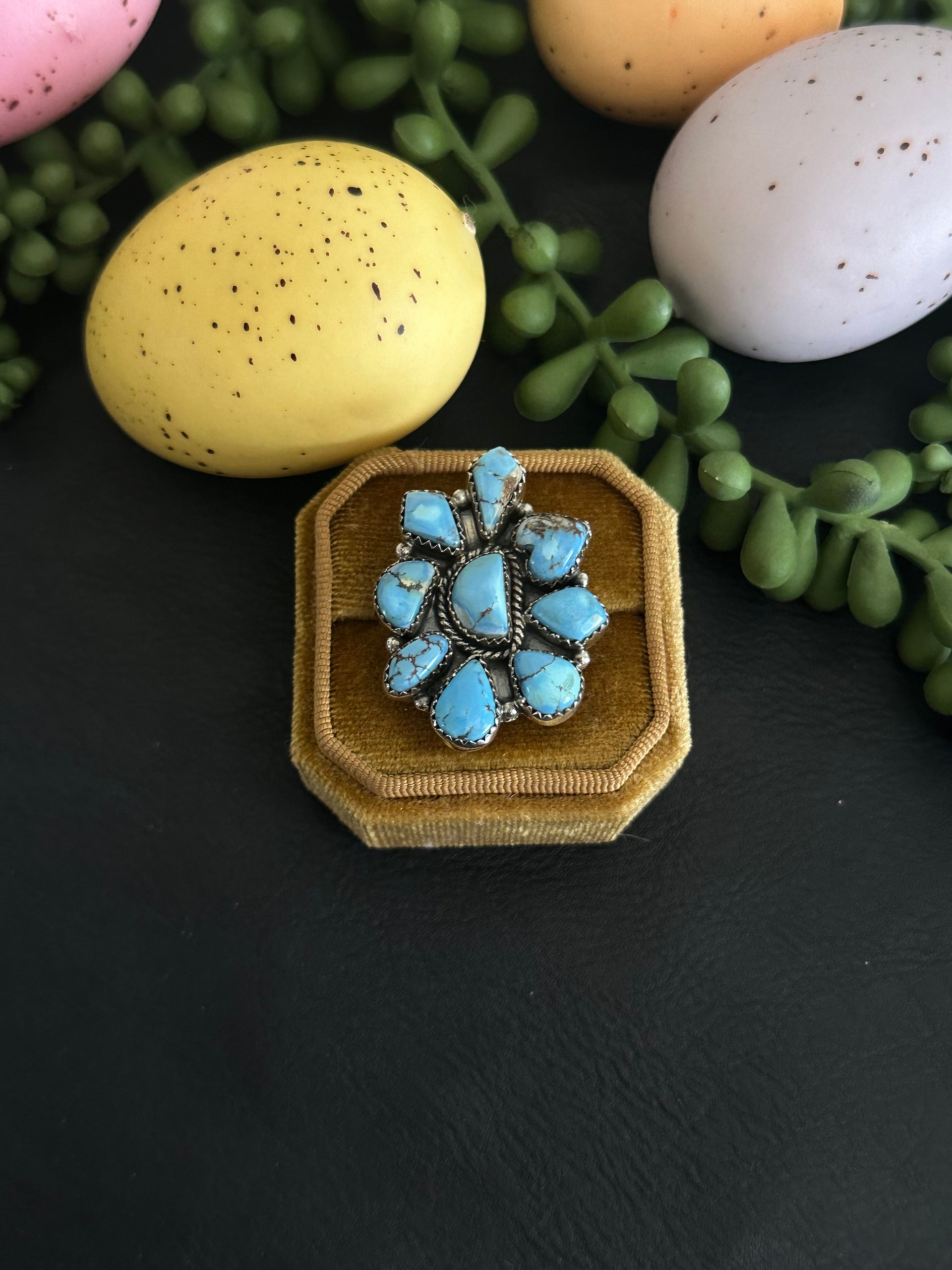 Southwest Handmade Golden Hills Turquoise & Sterling Silver Adjustable Cluster Ring