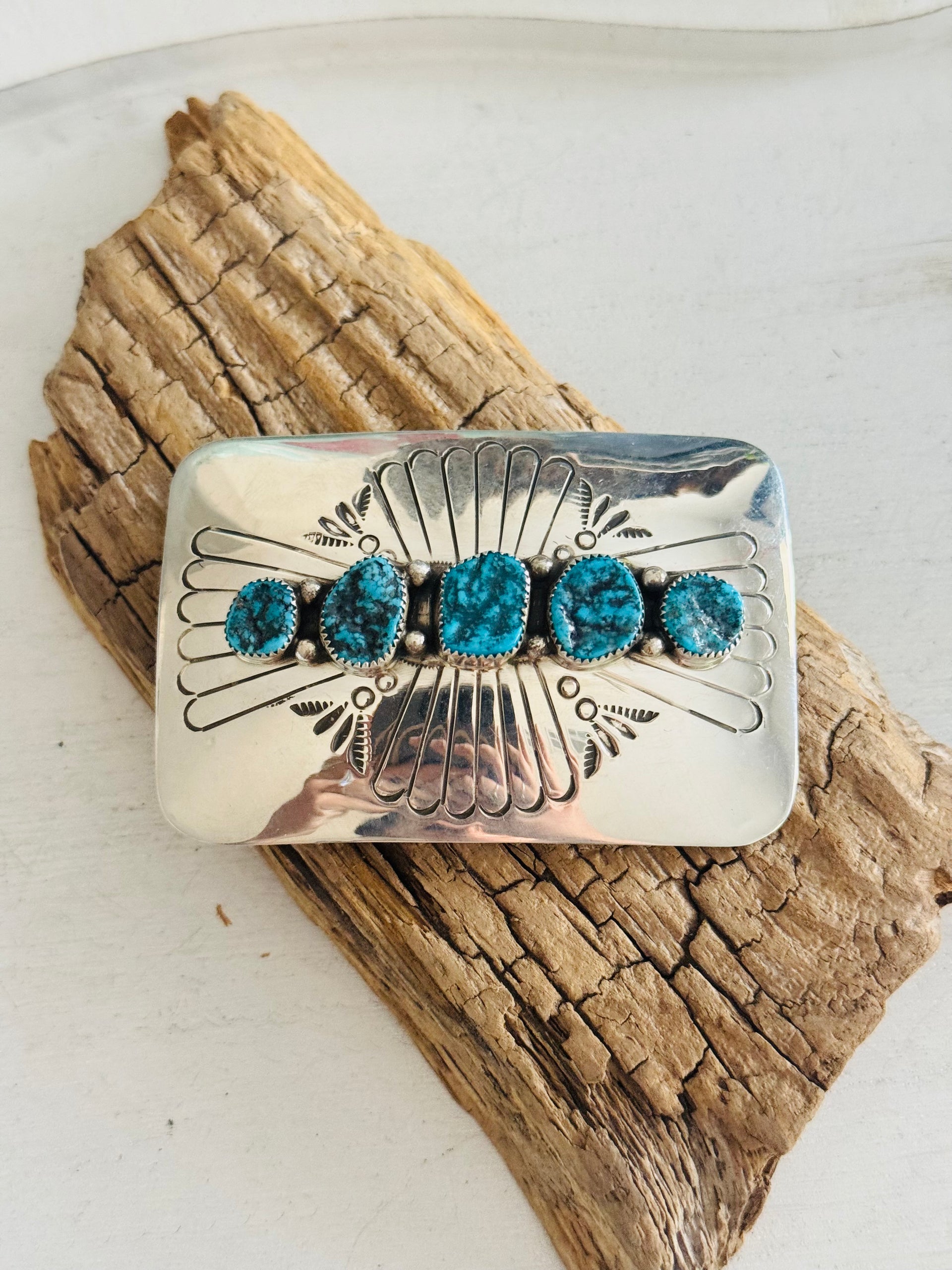 Navajo Made Kingman Turquoise & Sterling Silver Belt Buckle
