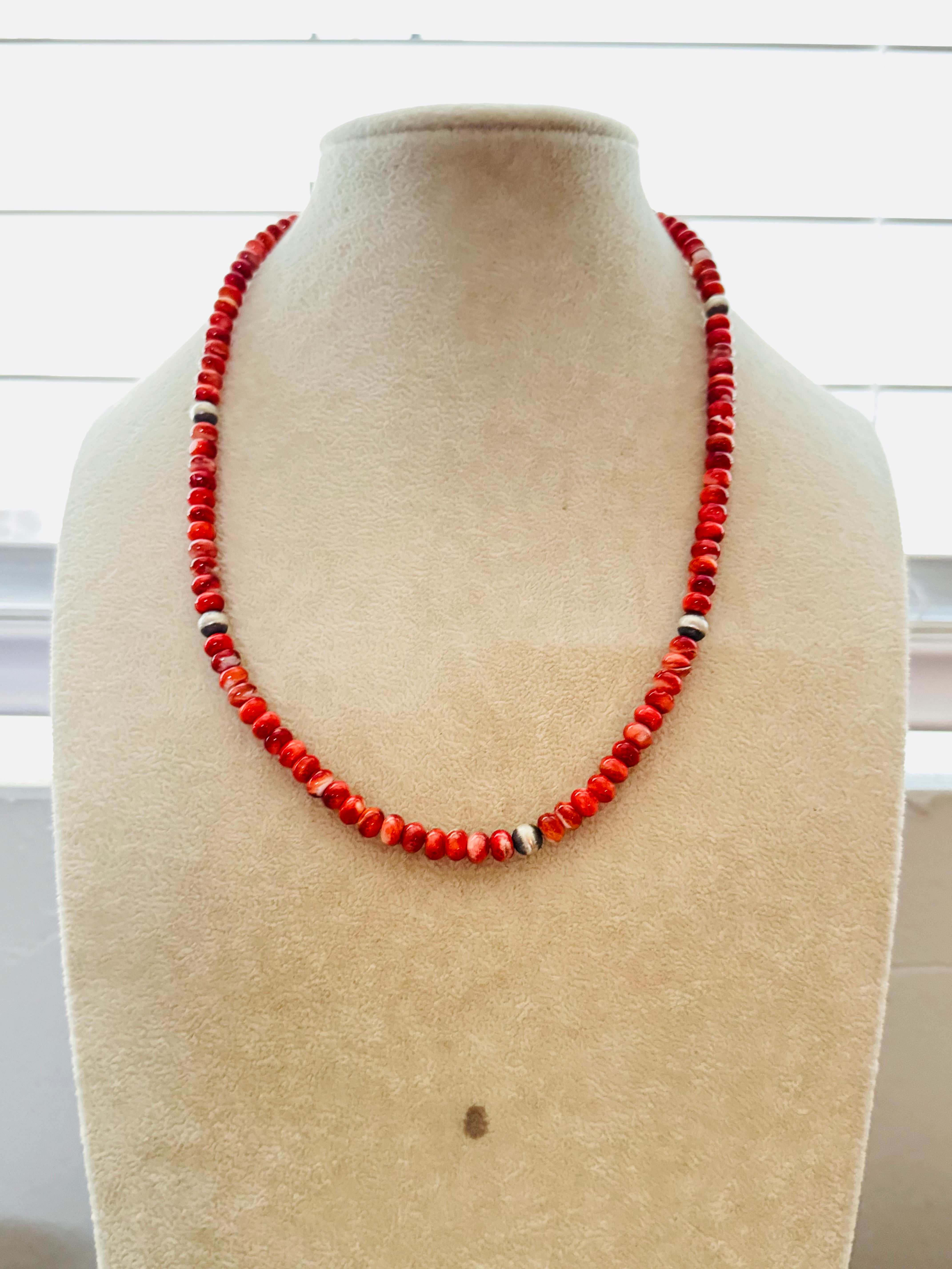 Theresa Skeets Red Spiny Oys & Sterling Silver Beaded Pearl Necklace