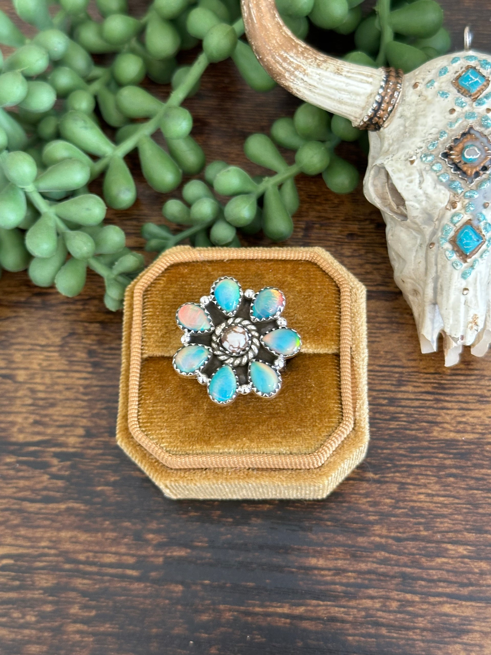 Southwest Handmade Multi Stone & Sterling Silver Adjustable Cluster Ring