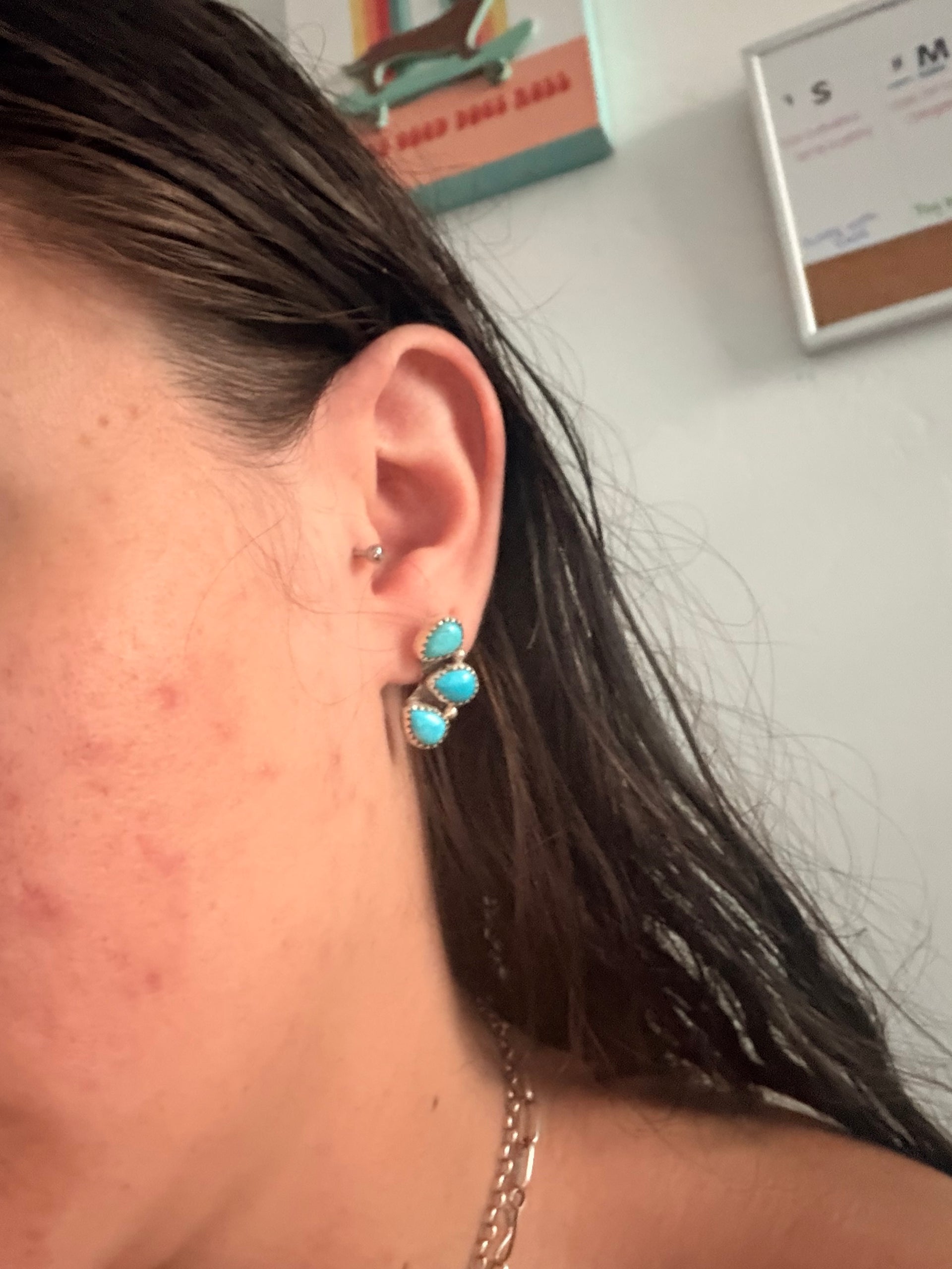 Navajo Made Kingman Turquoise & Sterling Silver Post Dangle Cluster Earrings