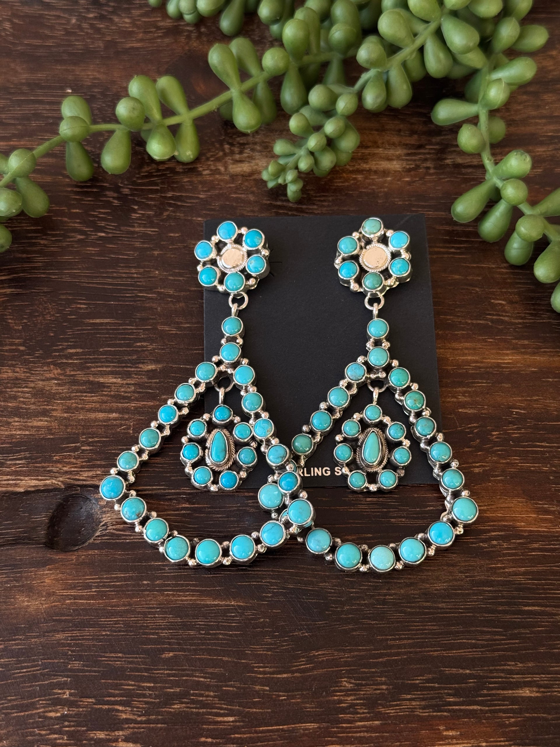 Sheila Becenti Kingman Turquoise & Sterling Silver Post Dangle Cluster Earrings